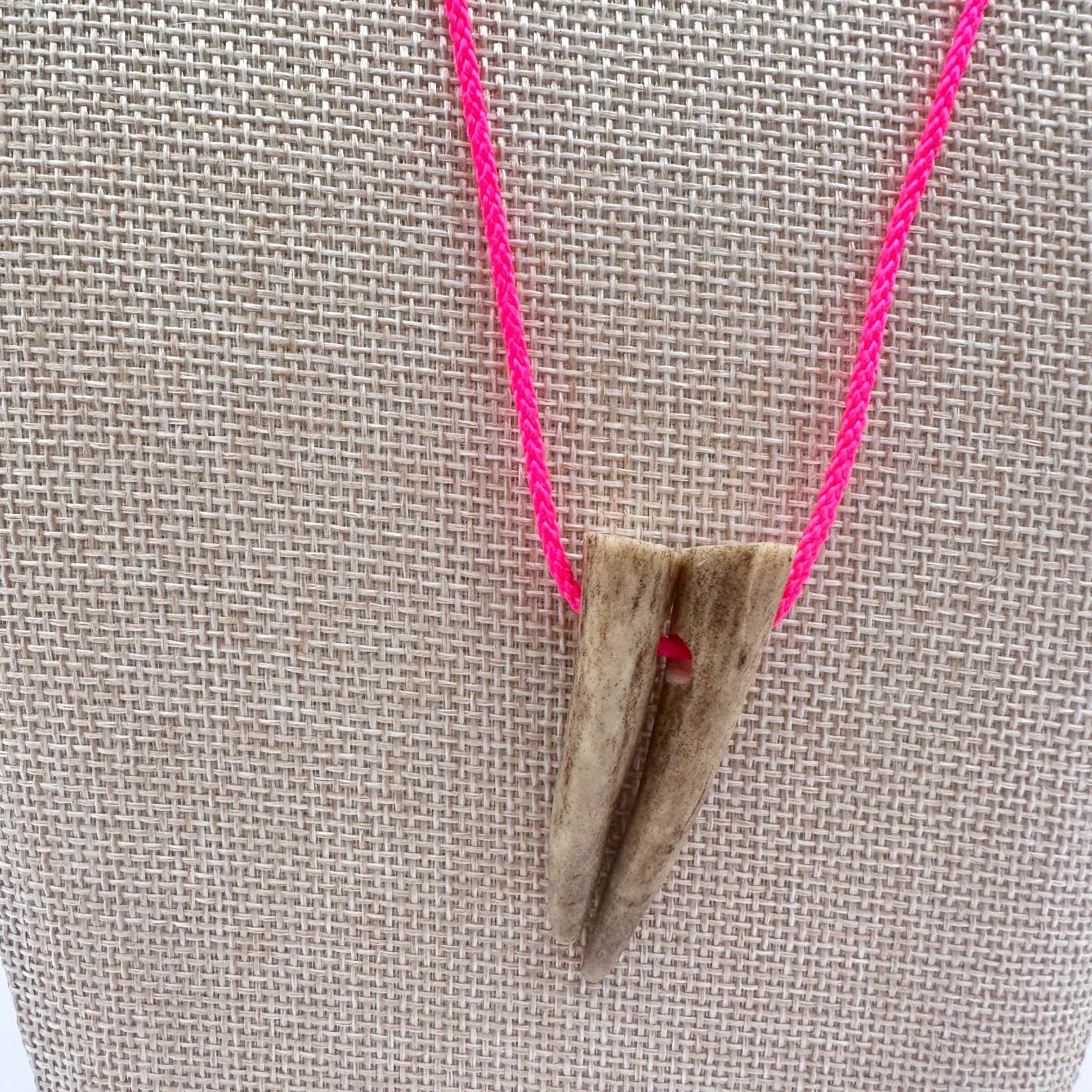 Vintage 80s Antler Spike Pendant Neon Pink Cord Tribal Statement Art Jewelry
