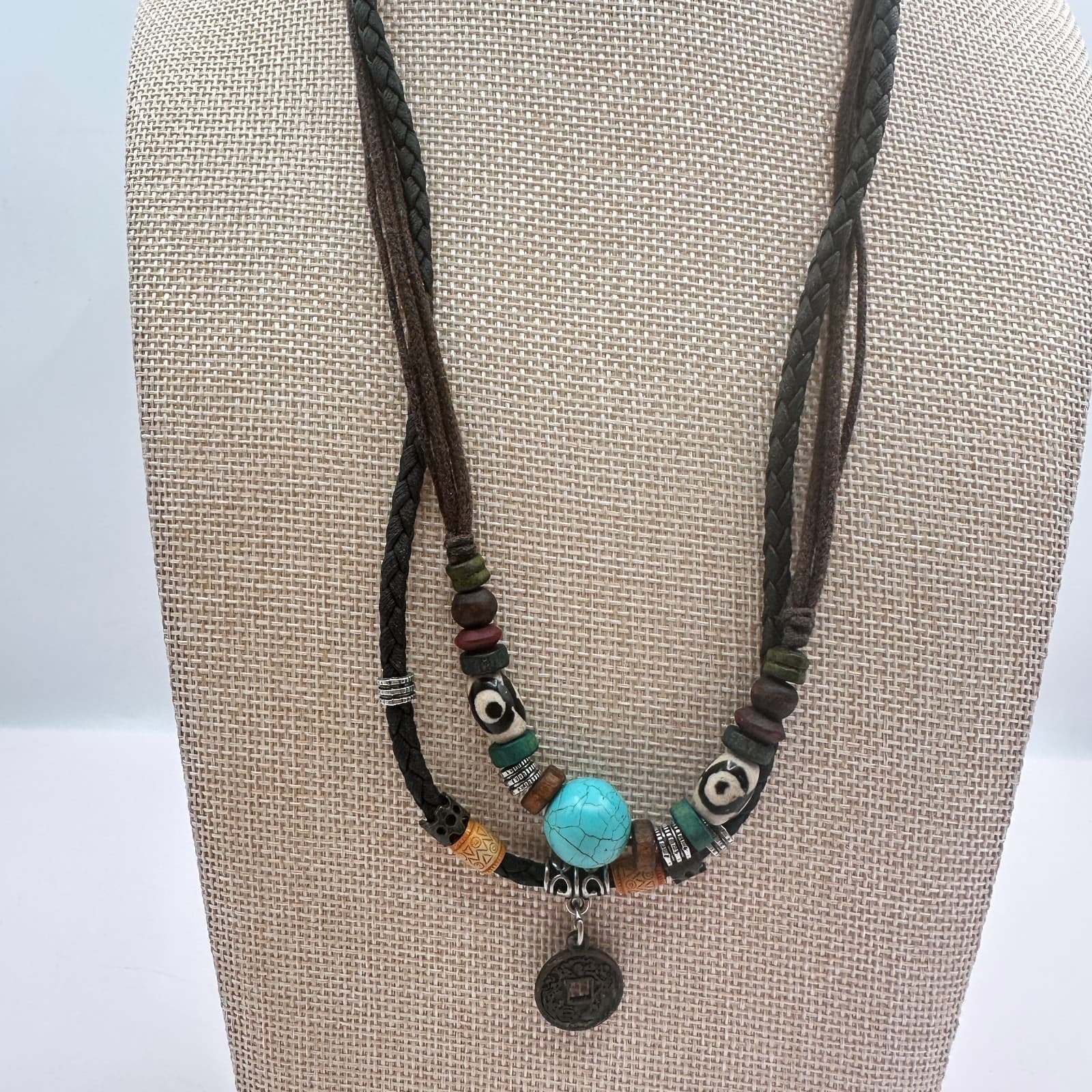 Vintage 90s Boho Double Strand Braided Leather Turquoise Coin Pendant Jewelry