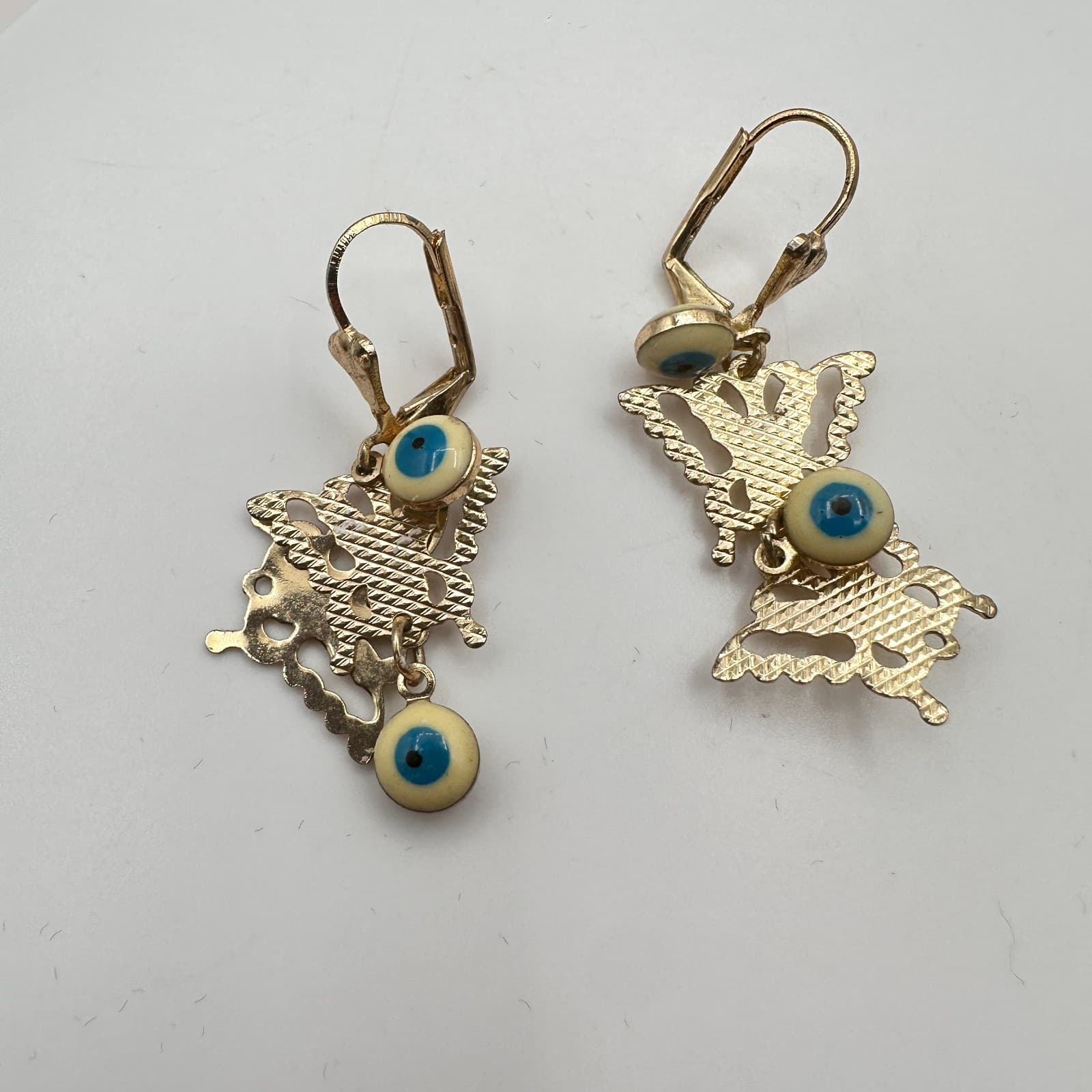 Vintage 90s Gold Tone Butterfly Evil Eye Dangle Earrings Glass Bead Boho Jewelry