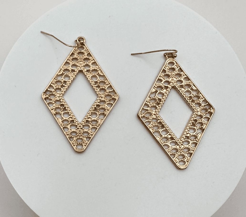 Vintage 90s Gold Tone Filigree Rhombus Dangle Earrings Geometric Cut out Jewelry