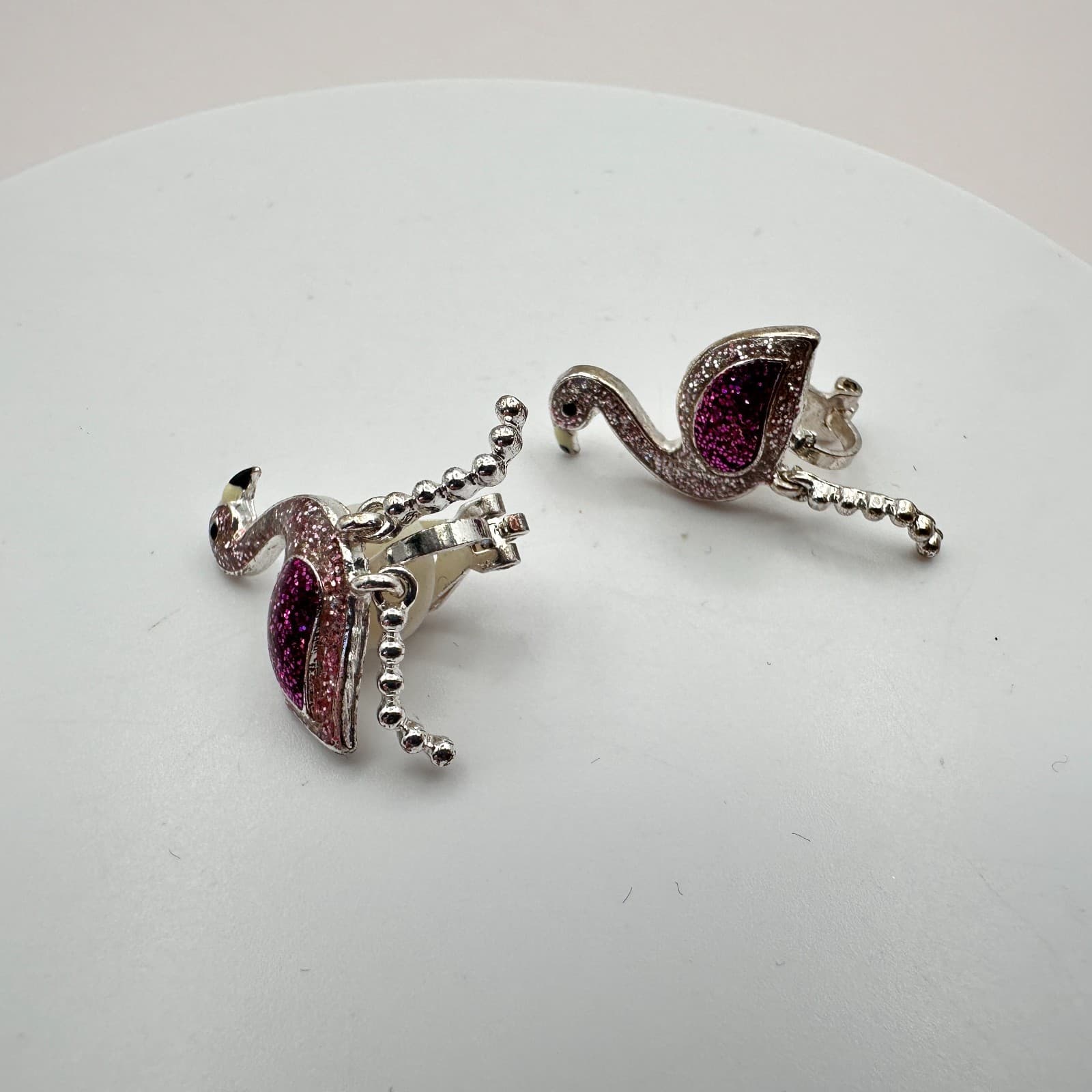 Vintage 90s Silver Tone Pink & Purple Glitter Flamingo Earrings Fashion Jewelry