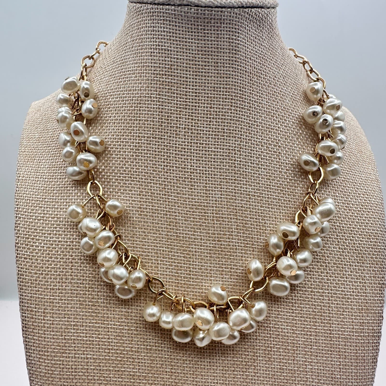 Vintage 90s Gold Tone Faux Baroque Pearl Multi Strand Cluster Necklace Jewelry