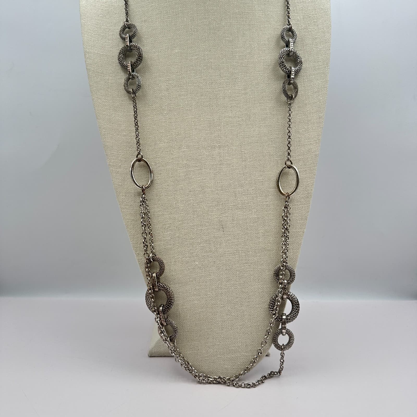 Vintage 90s Silver Tone Mixed Chain Multi Link Statement Long Necklace Jewelry