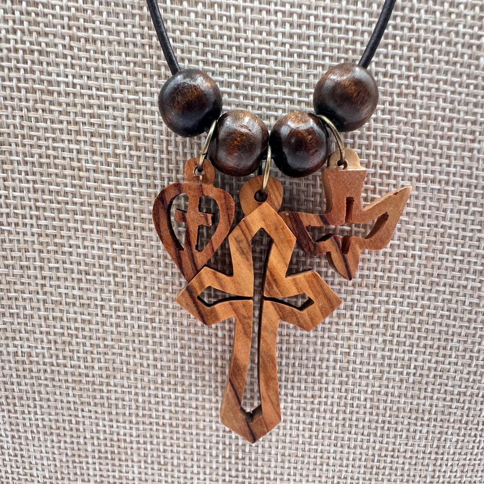 Vintage 50s Handmade Wood Necklace Cross Heart Holy Spirit Dove Charms Jewelry