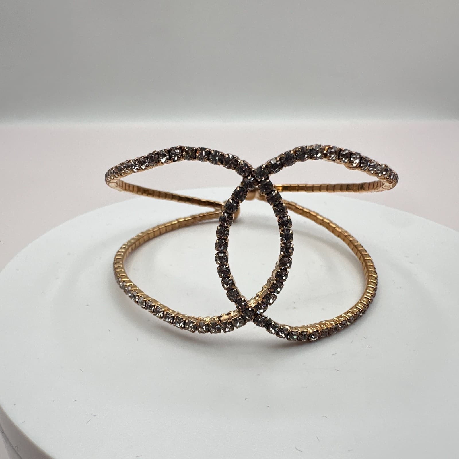Vintage 80s Gold Tone Rhinestone Crossover Cuff Bracelet Spark Statement Jewelry