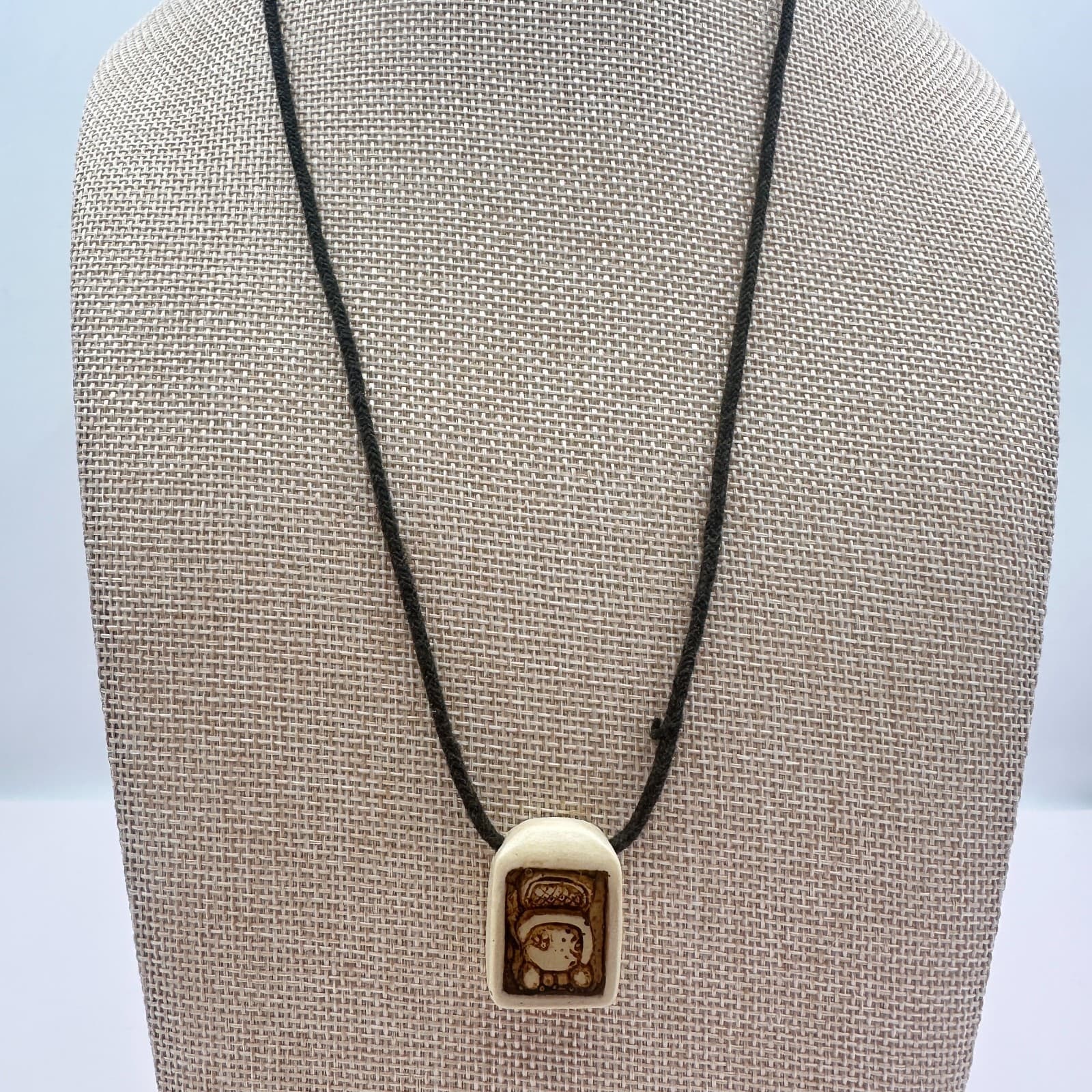 Vintage 50s Hand Carved Mayan Ajaw Glyph Bone Pendant Mexican Folk Art Jewelry