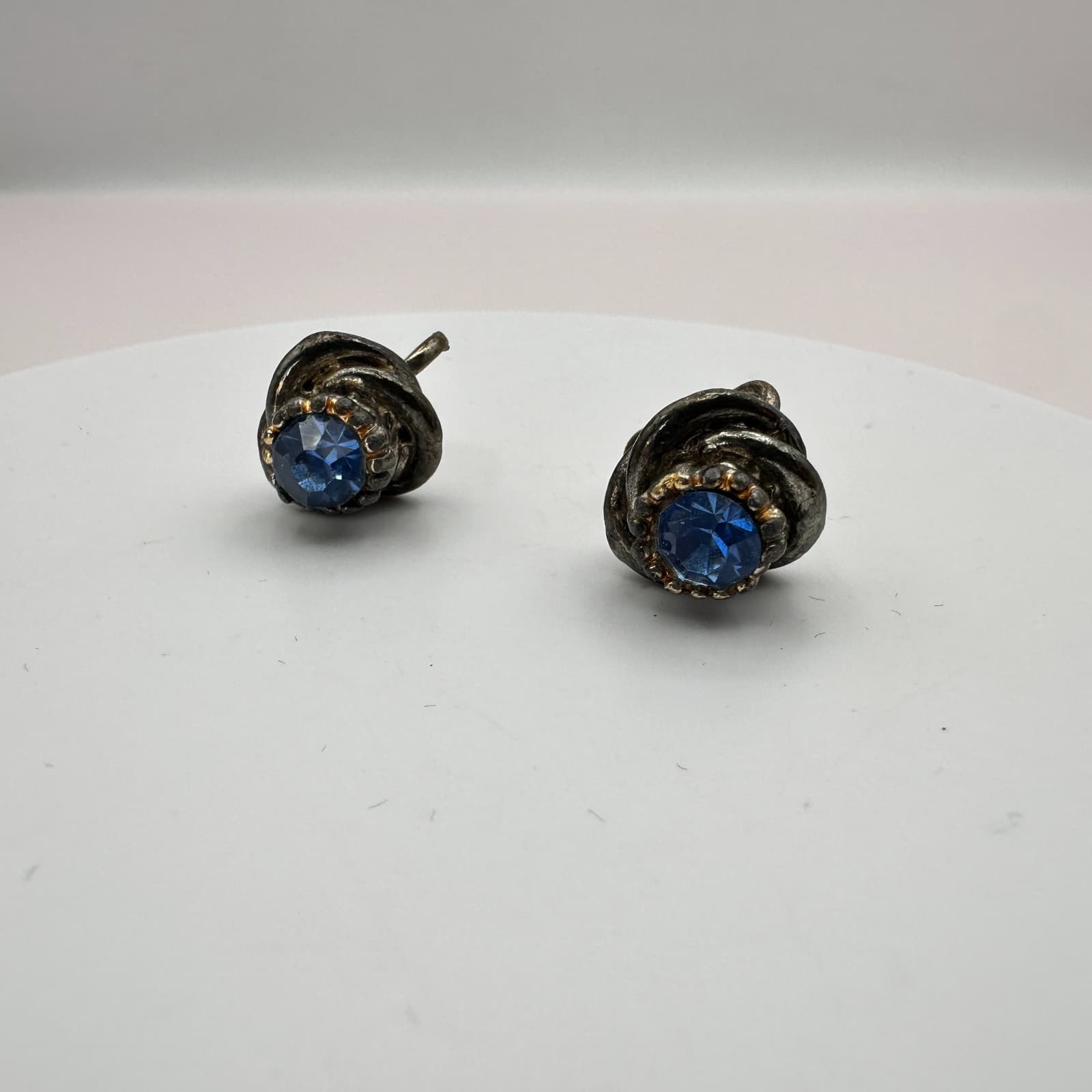 Vintage 90s Blue Glass Silver Tone Knot Earrings Classic Fashion Women's Jewelry