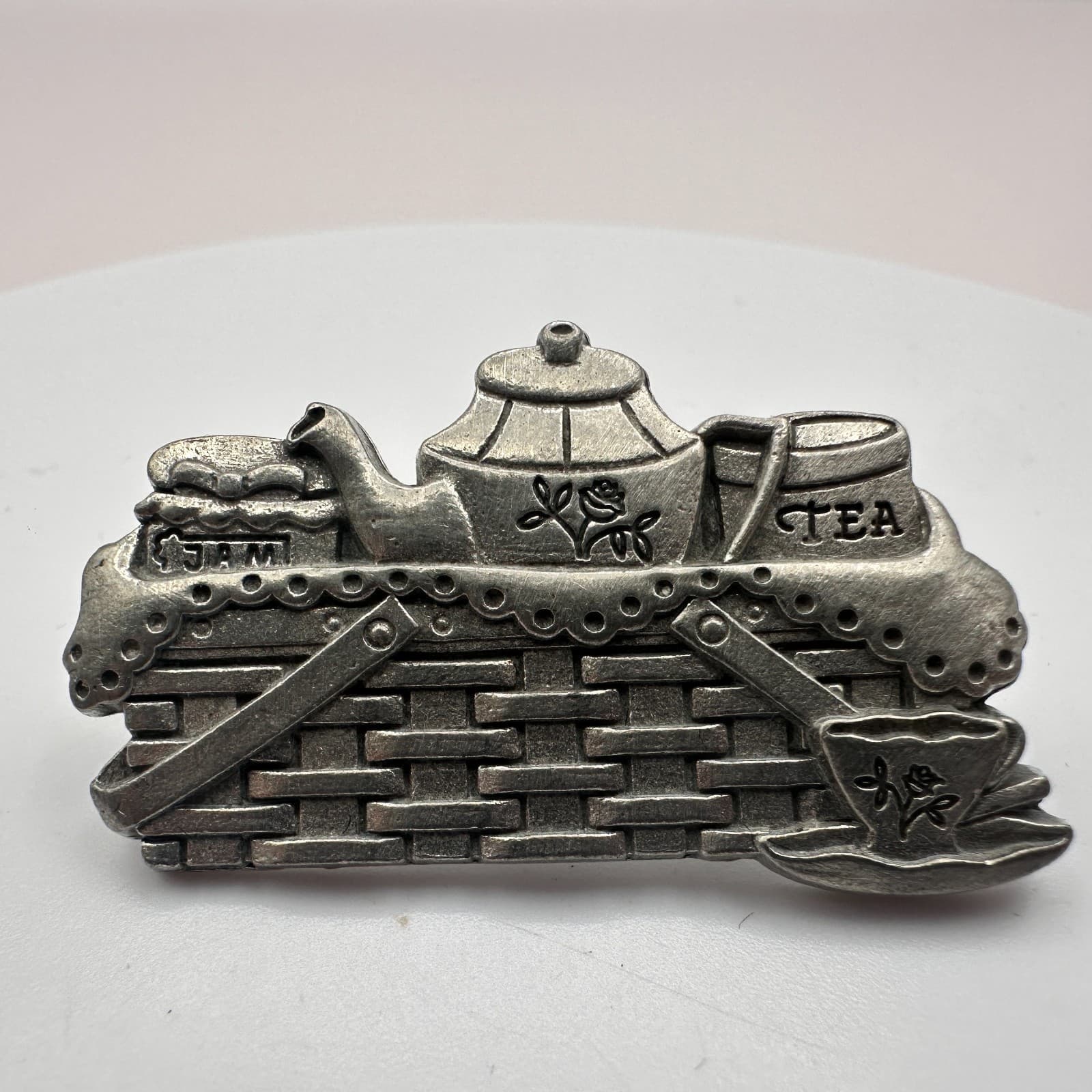 Vintage 90s Silver Tone Jam Teapot Basket Pewter Brooch Pin Classic Jewelry
