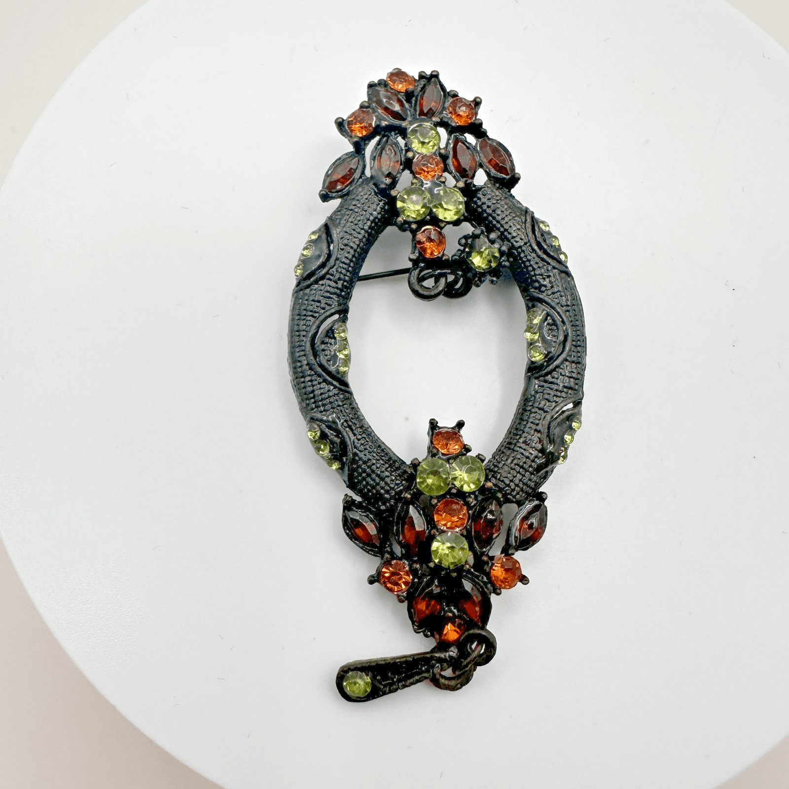 Vintage 90s Orange Green Glass Rhinestone Black Wreath Brooch Pin Jewelry