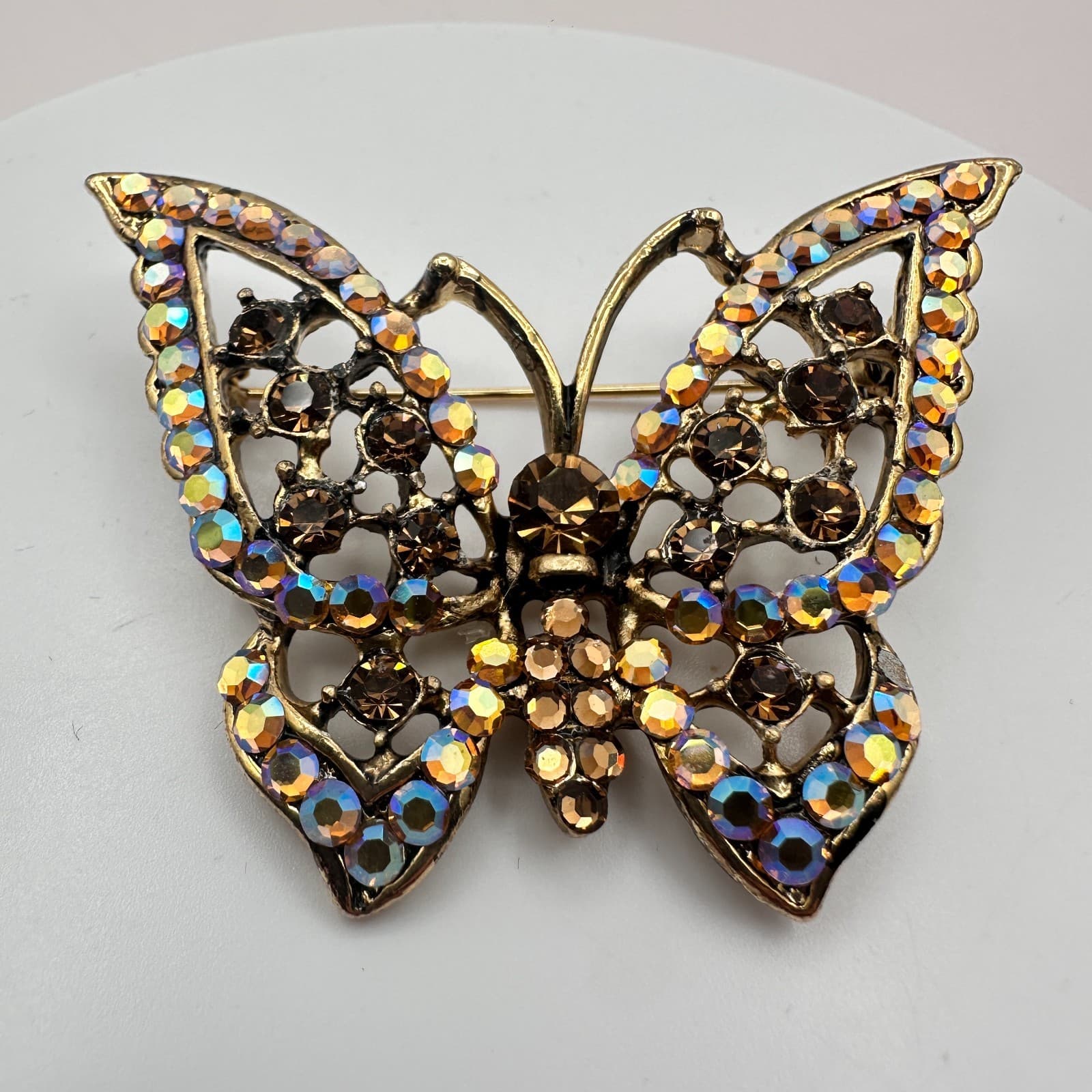 Vintage 90s Gold Tone Filigree Butterfly Brooch Pin AB Glass Fashion Jewelry