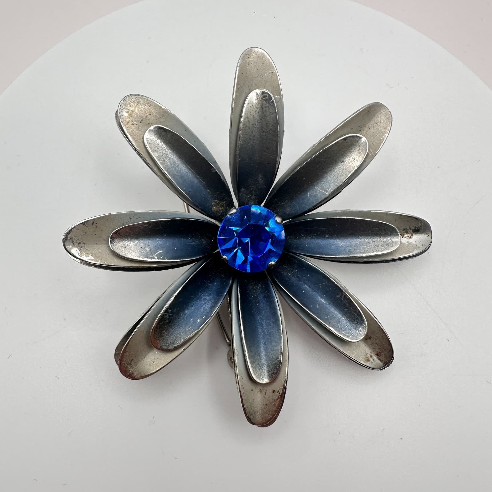 Vintage 90s Silver Tone Blue Glass Floral Pin Brooch Fashion Women's Jewelry