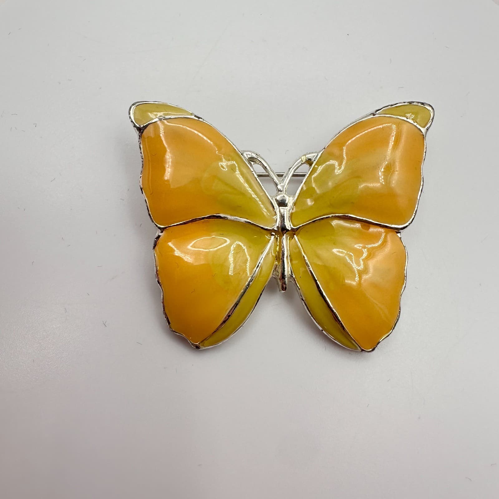 Vintage 90s Silver Tone Butterfly Brooch Yellow & Orange Enamel Figural Jewelry