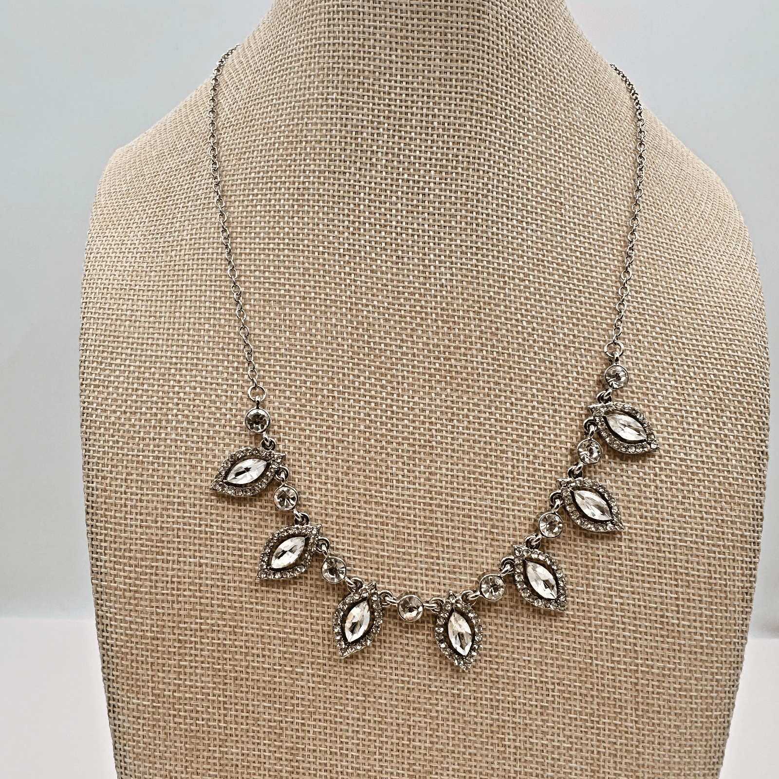 Vintage 90s Silver Tone Clear Rhinestone Marquis Statement Necklace Jewelry