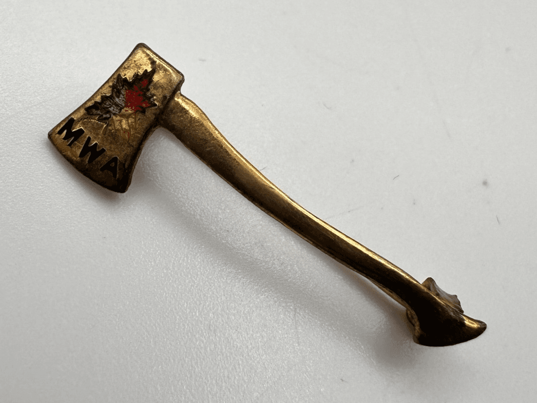 Vintage 90s Modern Woodmen of America MWA Axe Pin Gold Tone Fashion Jewelry