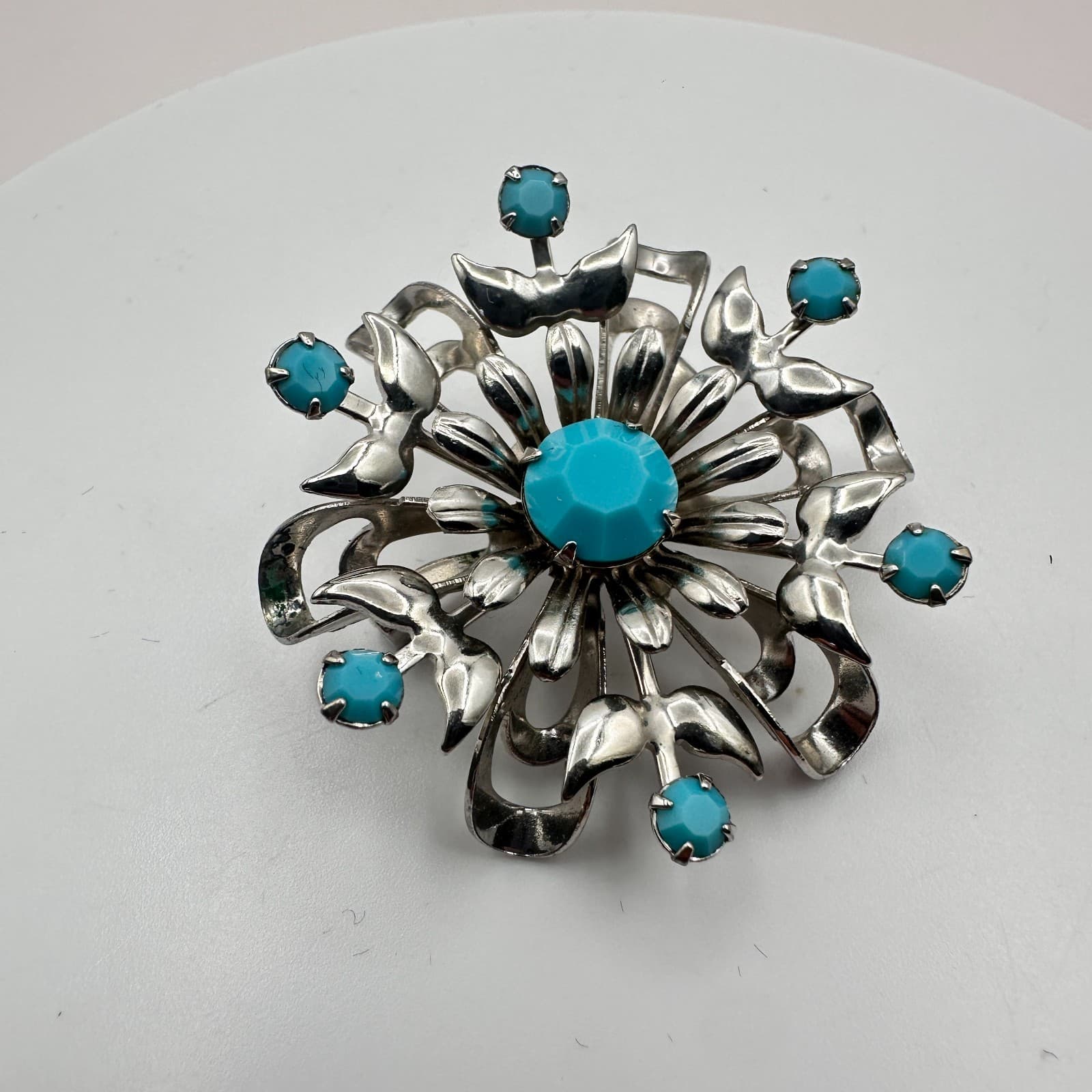 Vintage 90s Silver Tone Blue Glass Floral Sunburst Brooch Pin Retro Jewelry