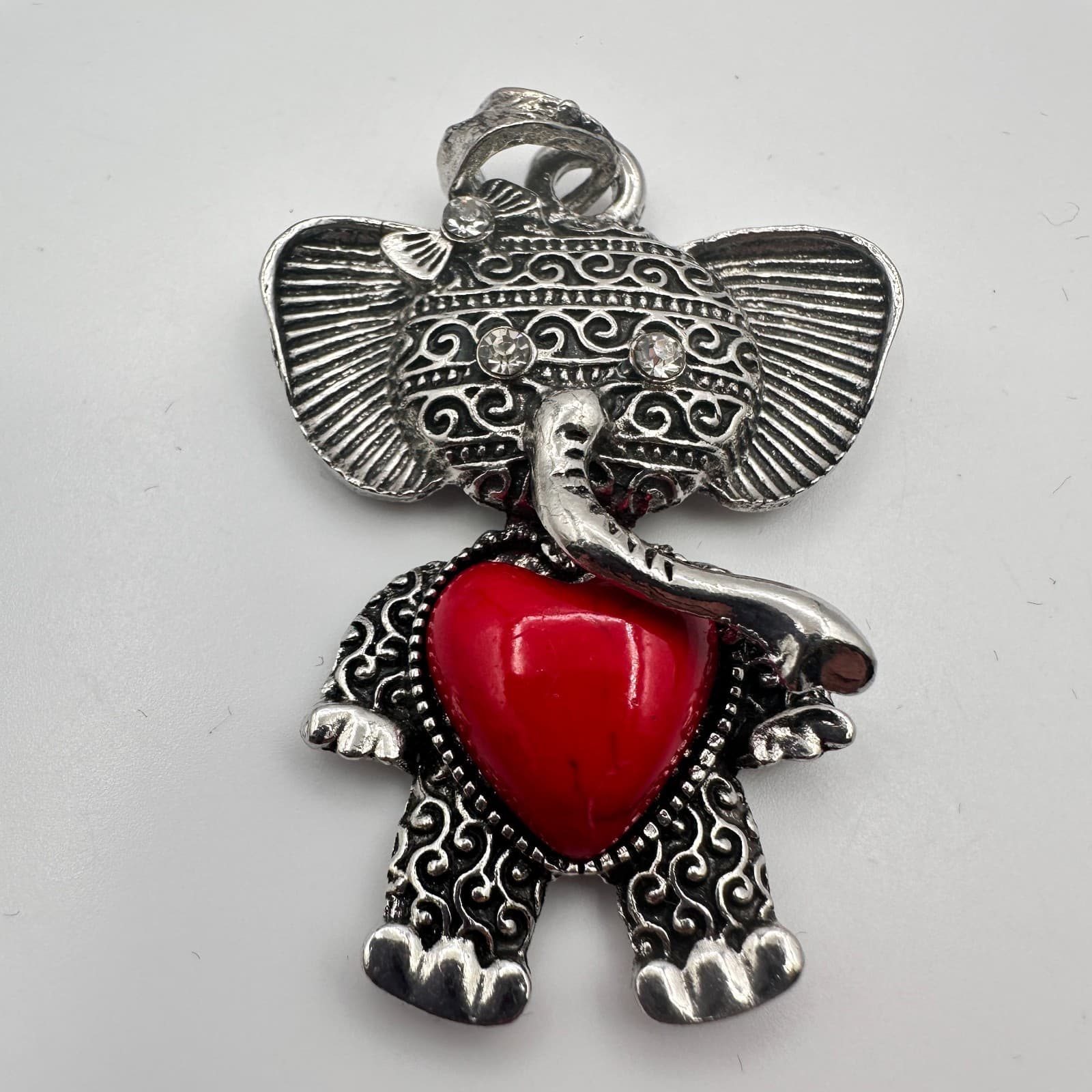 Vintage 90s Silver Tone Elephant Red Heart Rhinestone Pendant Women's Jewelry