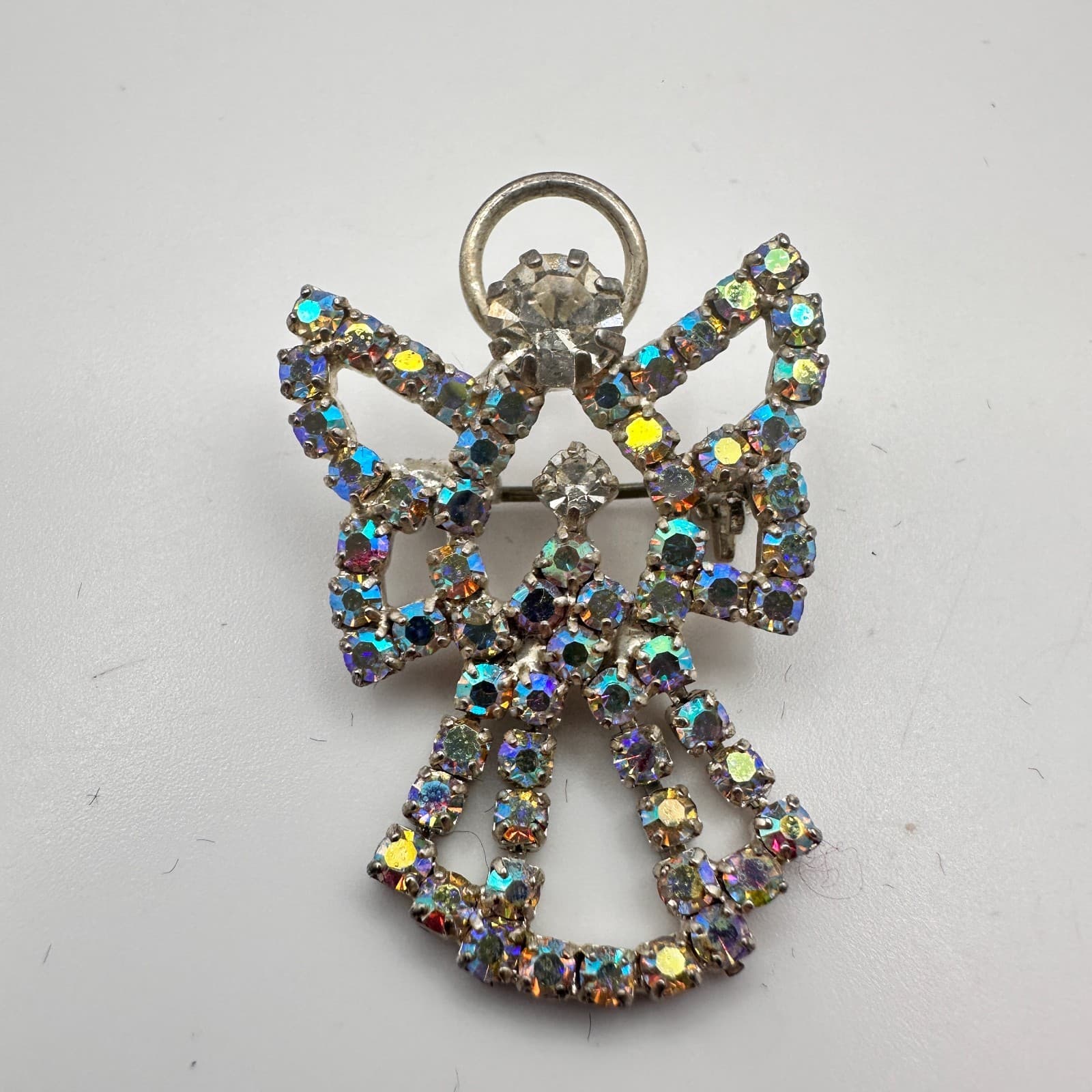 Vintage 90s Silver Tone Angel Brooch Pin Aurora Borealis Glass Fashion Jewelry