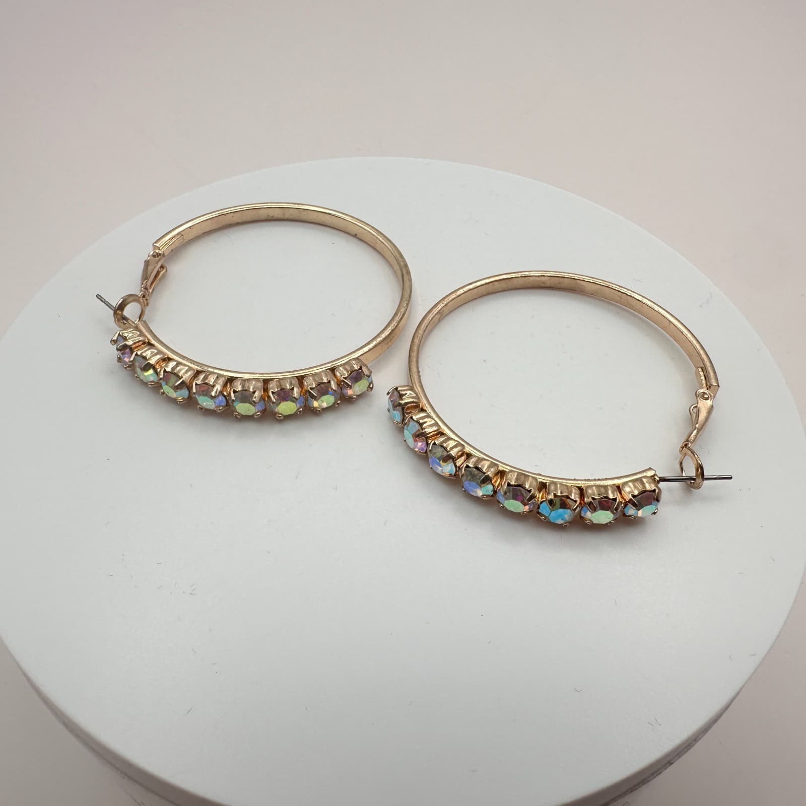 Vintage 90s Gold Tone Hoop Earrings Aurora Borealis Glass Boho Fashion Jewelry