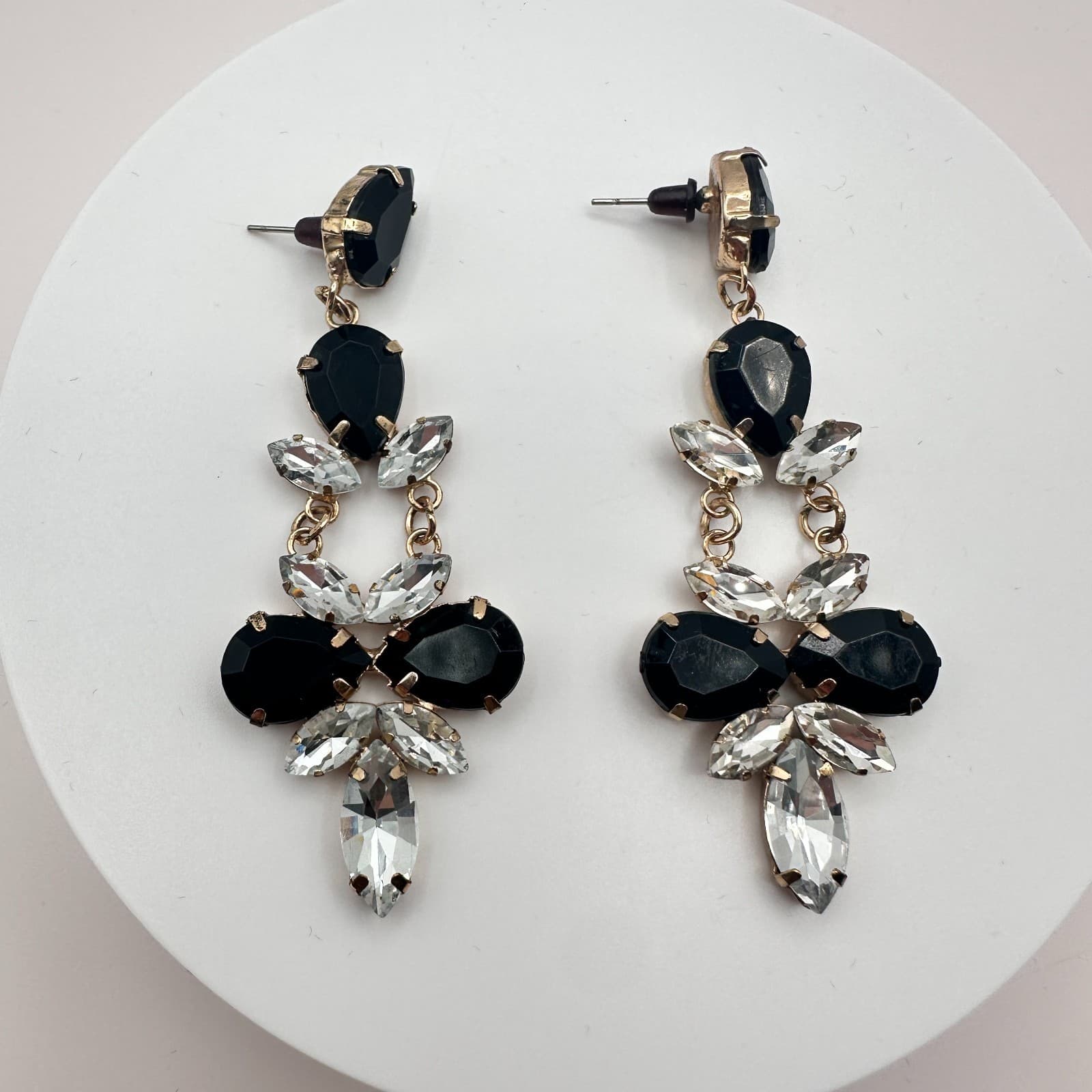 Vintage 90s Gold Tone Dangle Earrings Black &Clear Glass Women's Fashion Jewelry