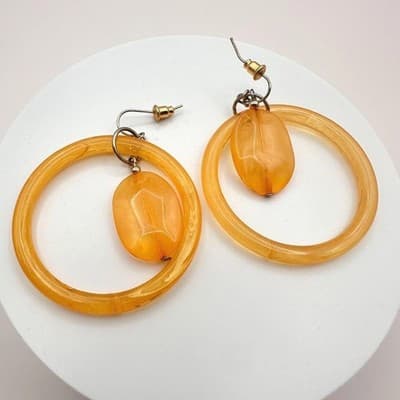 Vintage 80s Marbled Amber Resin Hoop Dangle Earrings Boohoo Chic Drop Jewelry