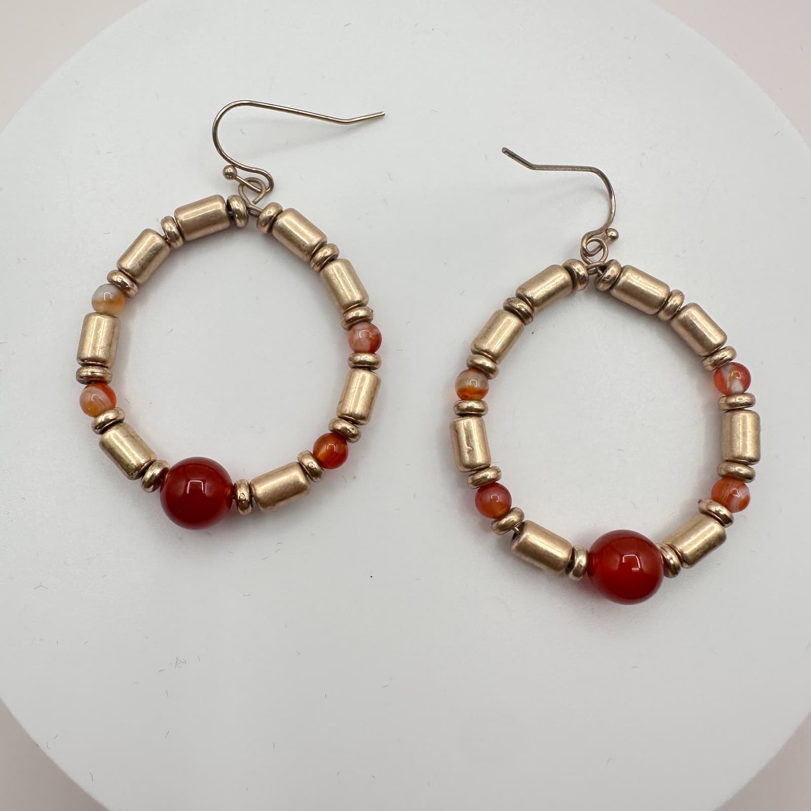 Vintage Style Crimson Stone Beaded Circle Earrings Ornate Gold Tone Jewelry
