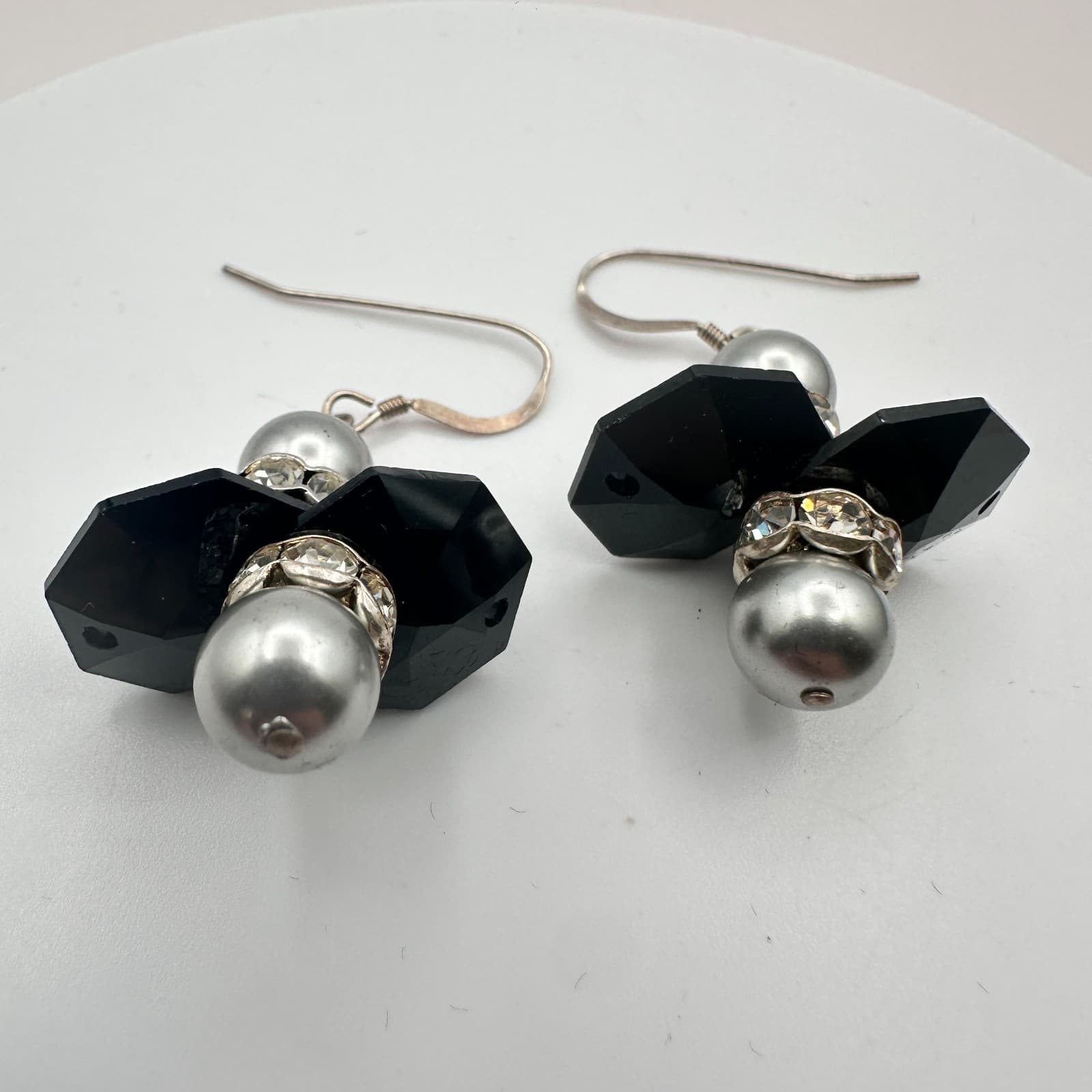 Vintage 80s Art Deco Black Dangle Earrings Pearl Rhinestone Silver Tone Jewelry