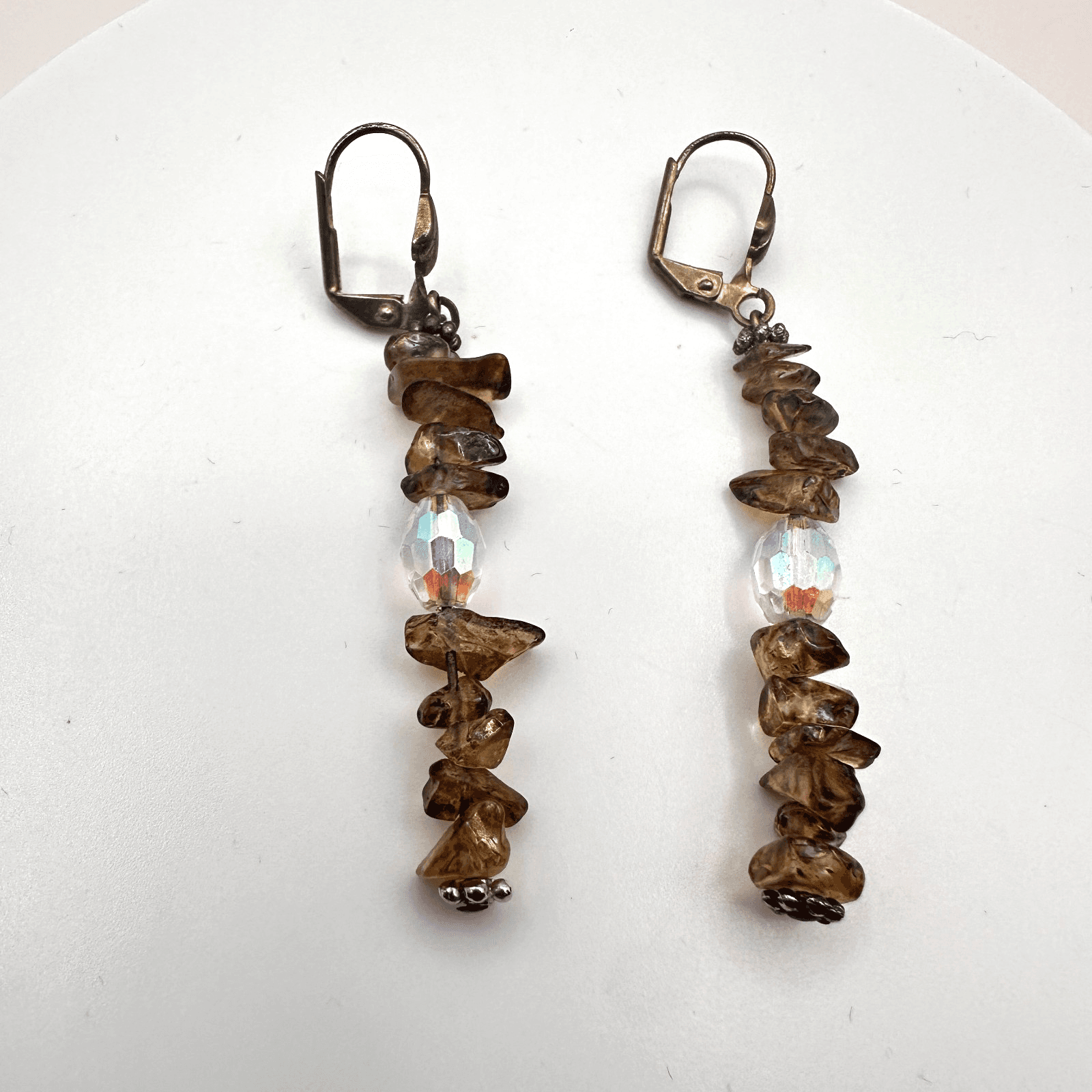 Vintage 80s Smoky Brown Gemstone Chip Earrings Faceted Lever back Drop Jewelry
