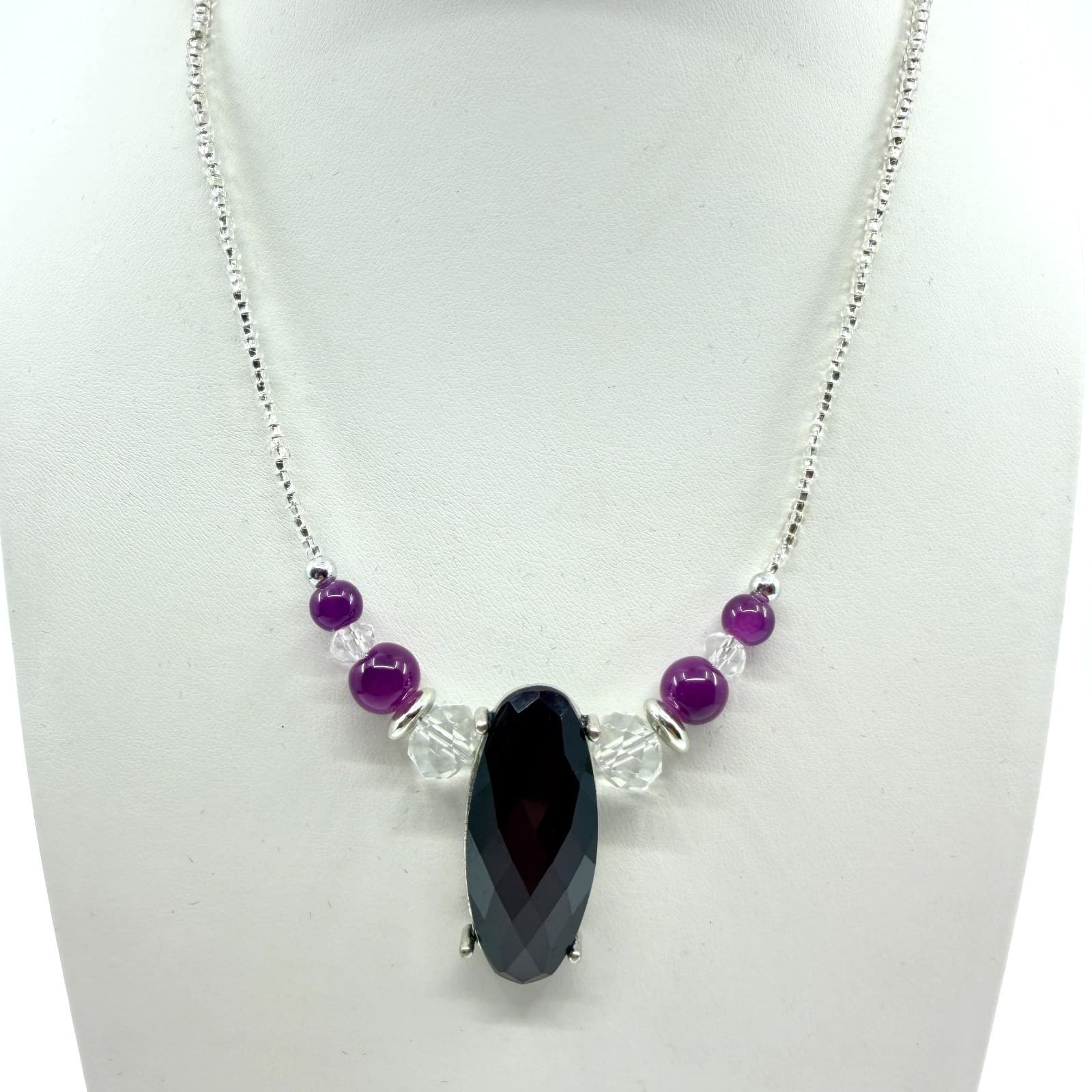 Vintage Silver Tone Purple Stone Statement Necklace Bold Chunky Retro Y2K Boho