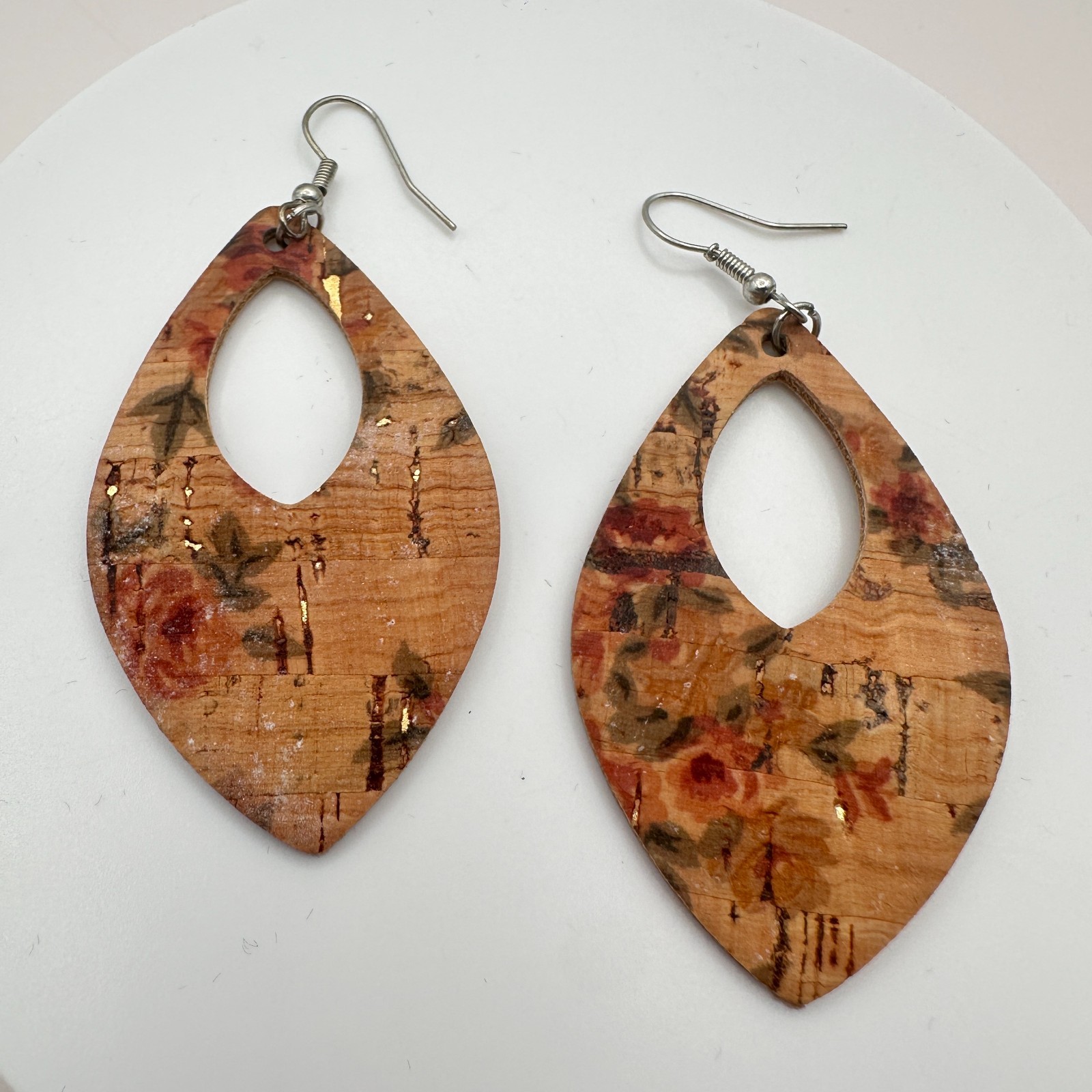 Vintage 80s Brown Cork Hoop Earrings Hypallergenic Silver Tone Statement Jewelry