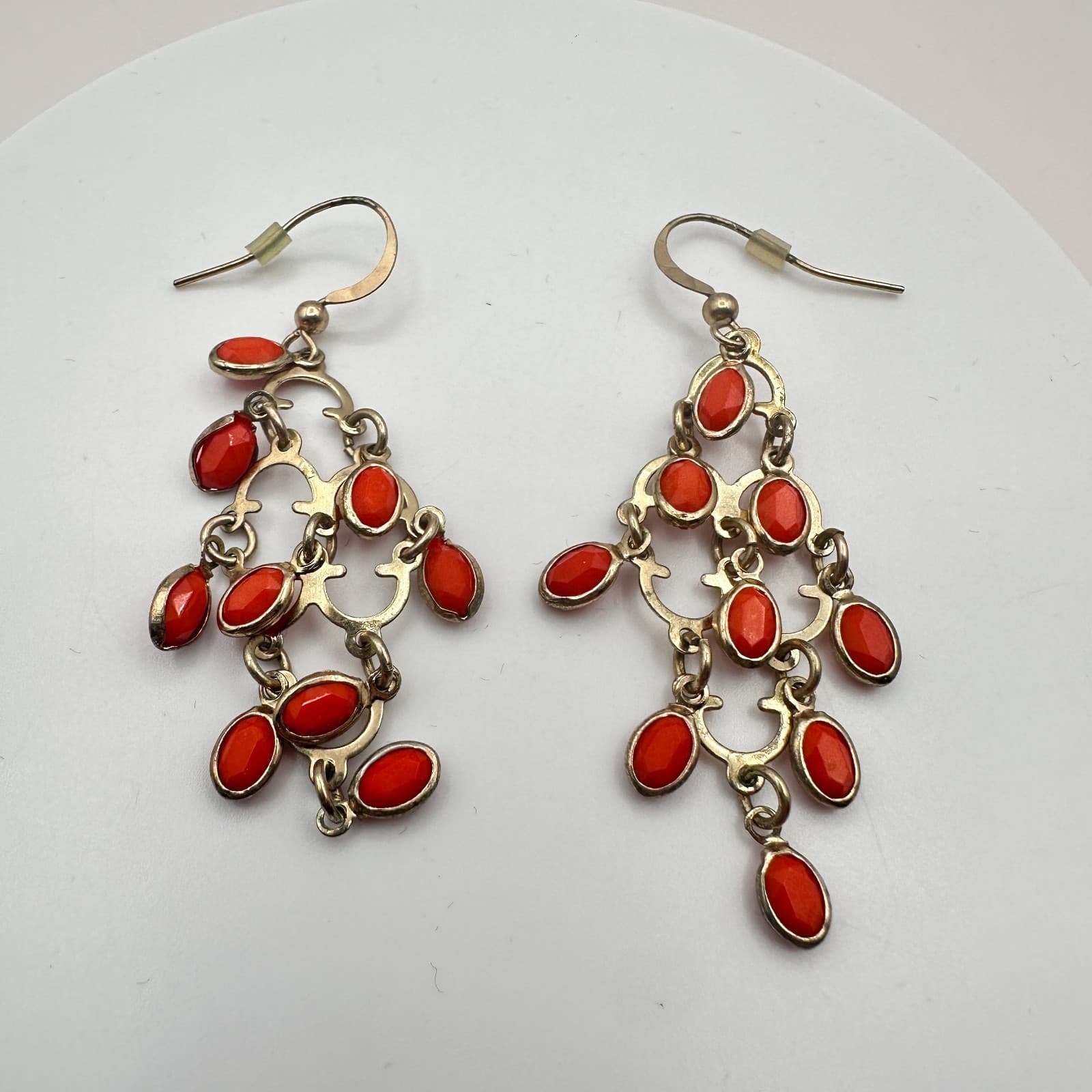 Vintage 80s Silver Tone Red Coral Chandelier Dangle Earrings Classic Jewelry