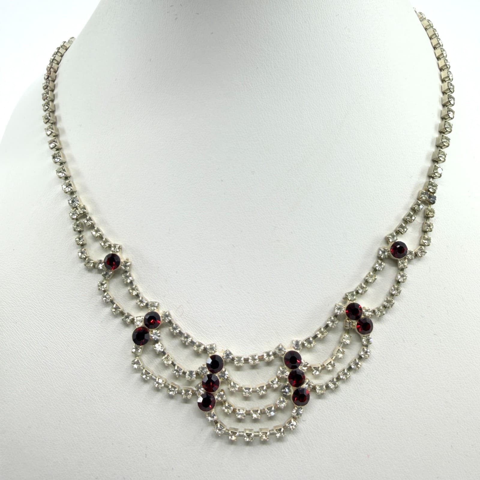 Vintage Red Clear Rhinestone Necklace Silver Tone Bib Tiered Statement Bold Y2K