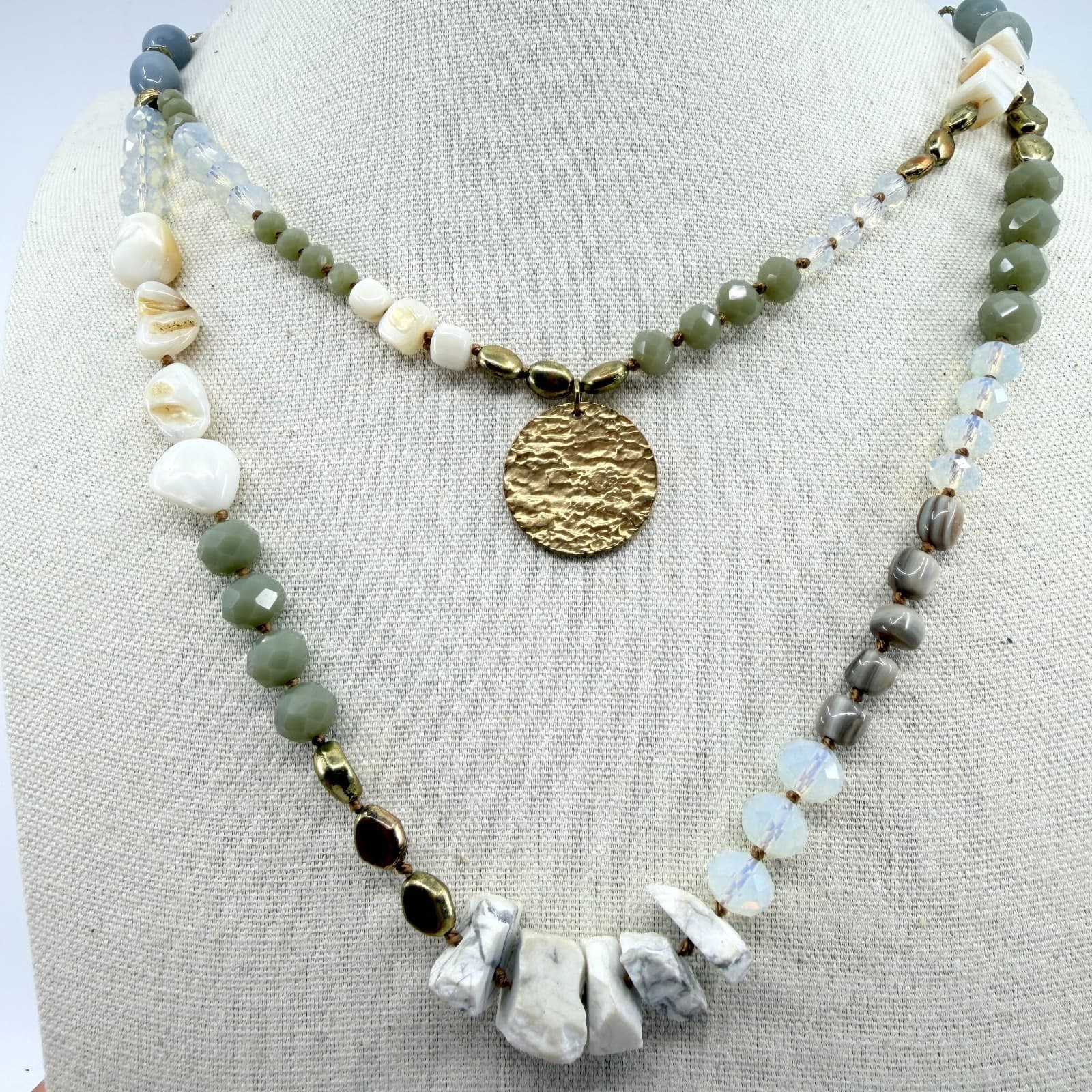 Vintage Multi Color Beaded Necklace Double Strand Disc Pendant Statement Boho