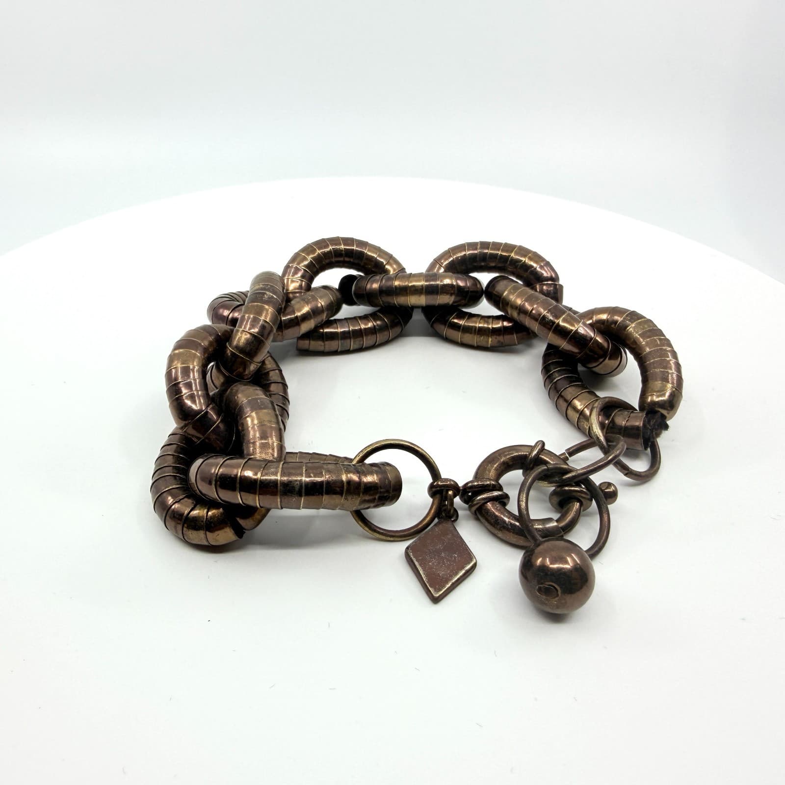 Vintage Sequin Bronze Tone Chunky Wide Link Bracelet Statement Boho Rustic 90s