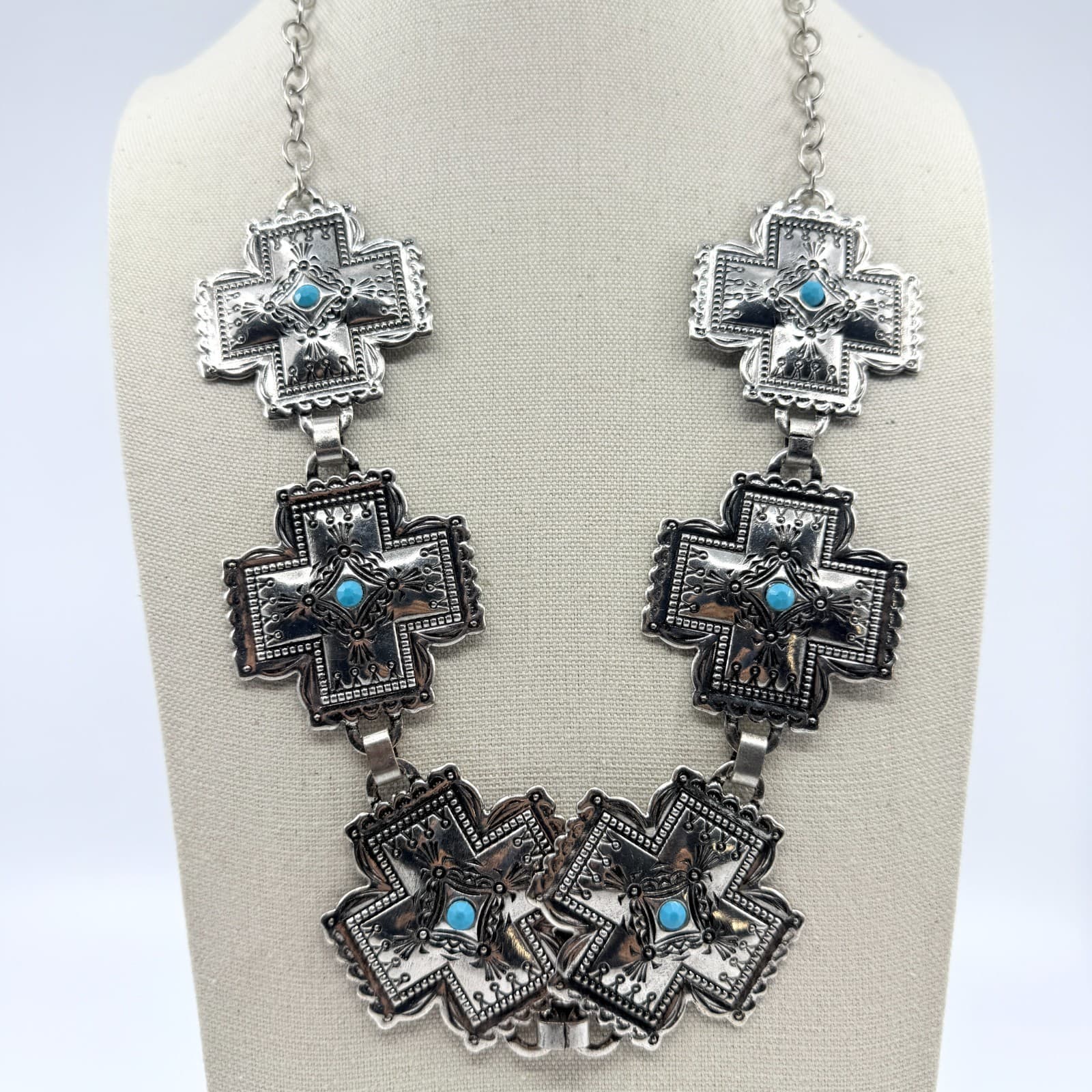Vintage Southwestern Silver Tone Cross Bib Necklace Turquoise Tone Statement 90s