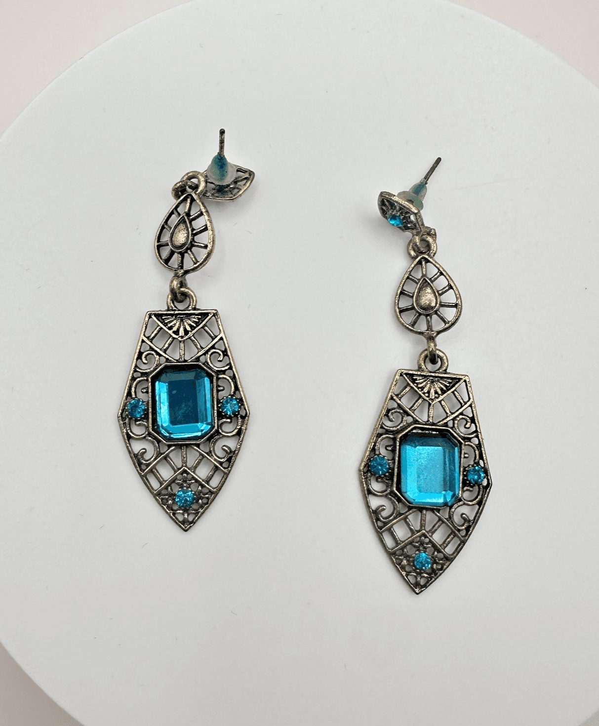 Vintage 90s Deco Aquamarine Dangle Earrings Silver Tone Filigree Classic Jewelry