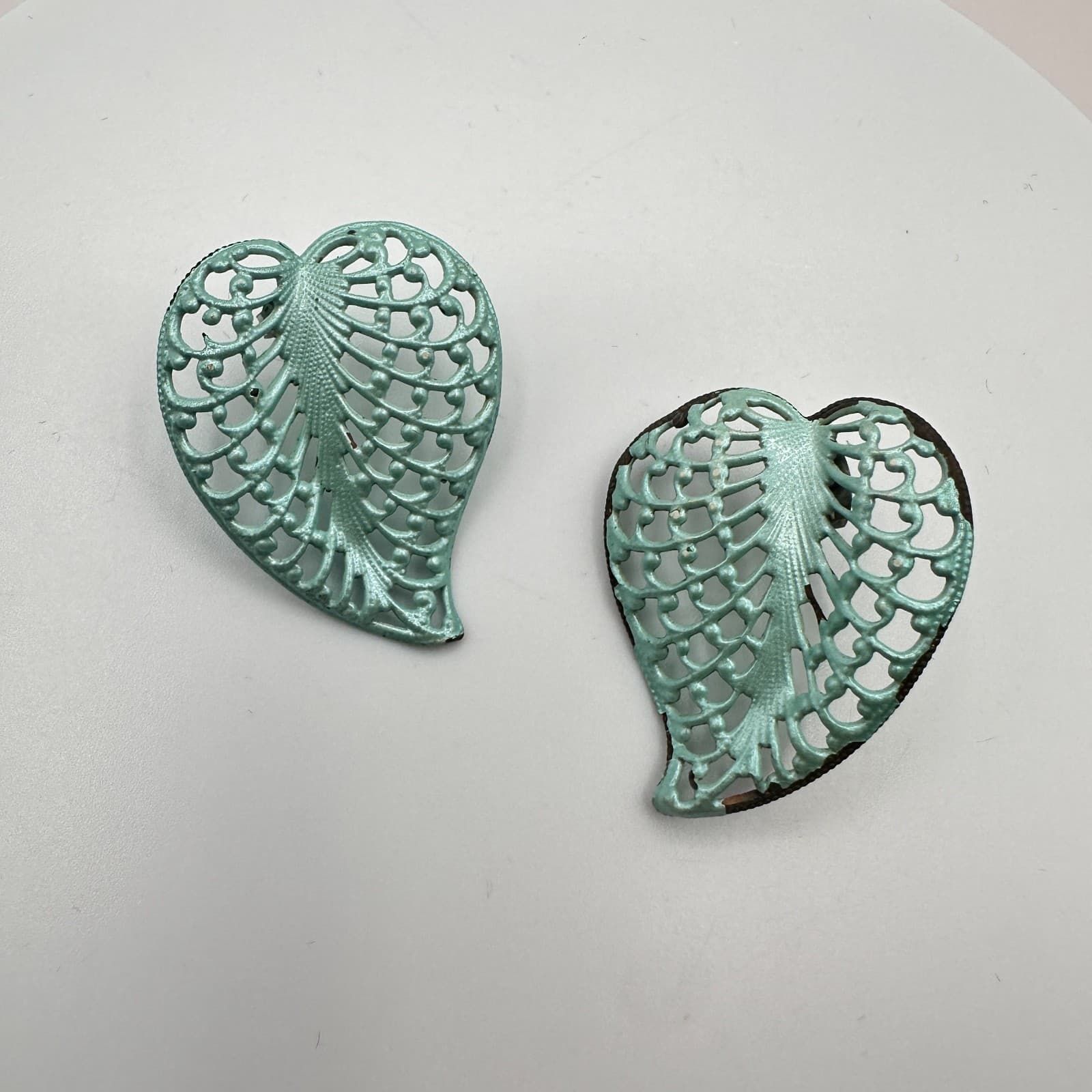 Vintage 90s Brass Tone Leaf Earrings Verdigris Green Patina Studs Jewelry