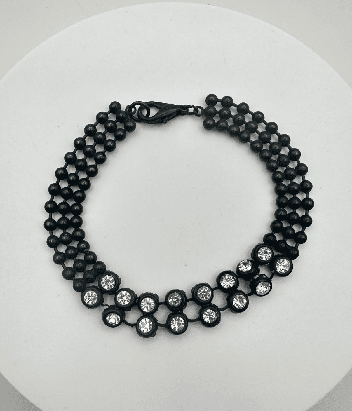 Vintage 80s Triple Strand Matte Onyx Bead Bracelet Woven Pave Statement Jewelry