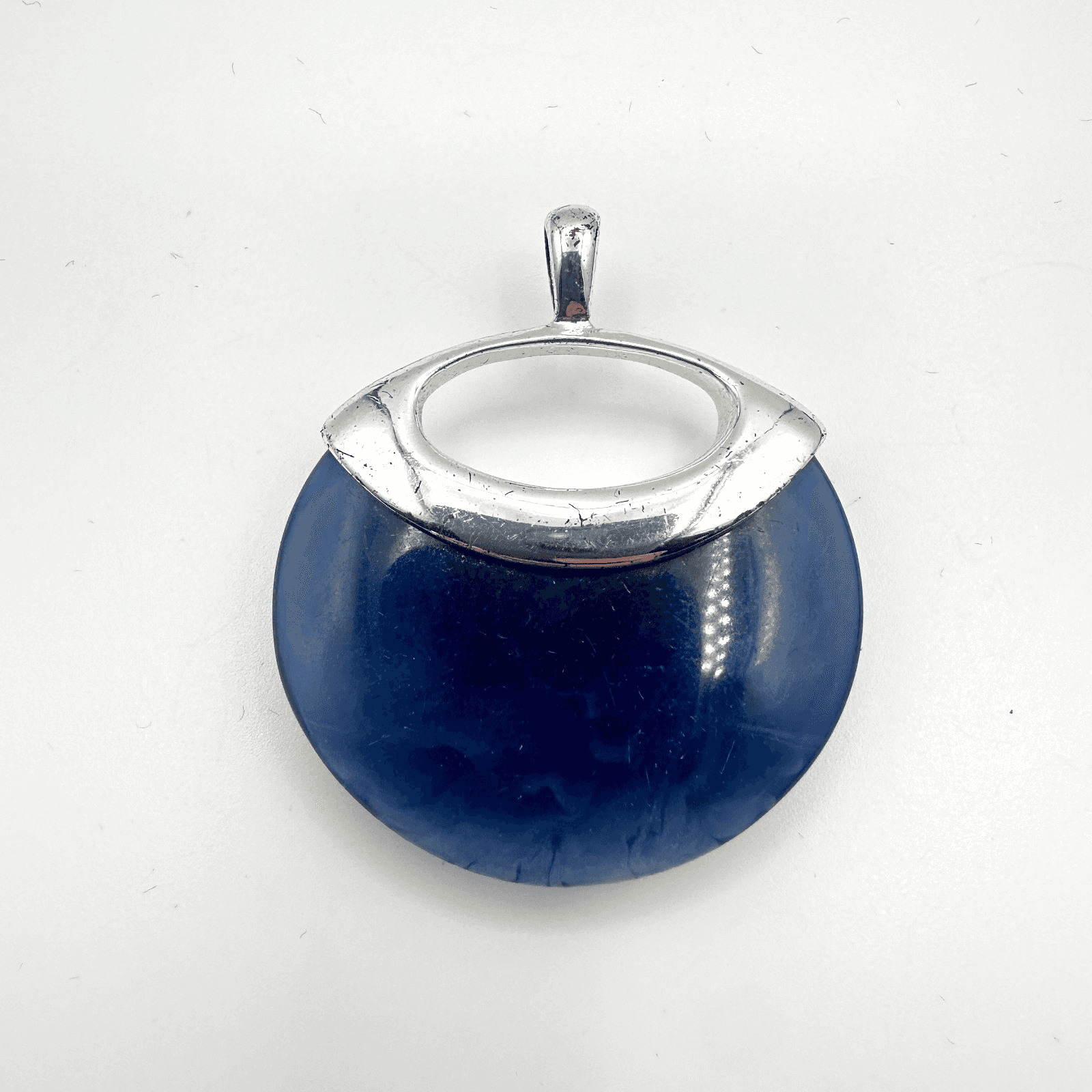 Vintage 90s Silver Tone Blue Glass Round Pendant Boho Statement Women's Jewelry