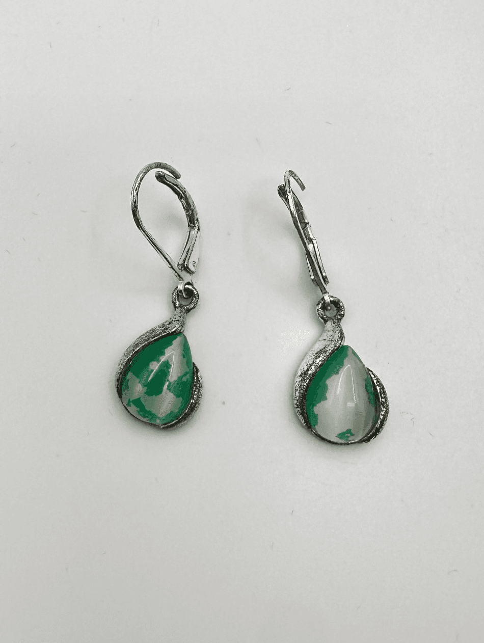 Vintage 80s Silver Tone Moss Agate Teardrop Earrings Filigree Lever back Jewelry