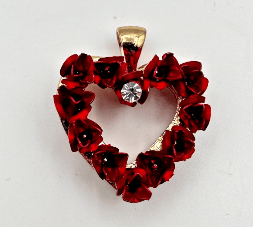 Vintage Y2K Red Rose Clear Rhinestone Floral Heart Pendant Gold Tone Jewelry