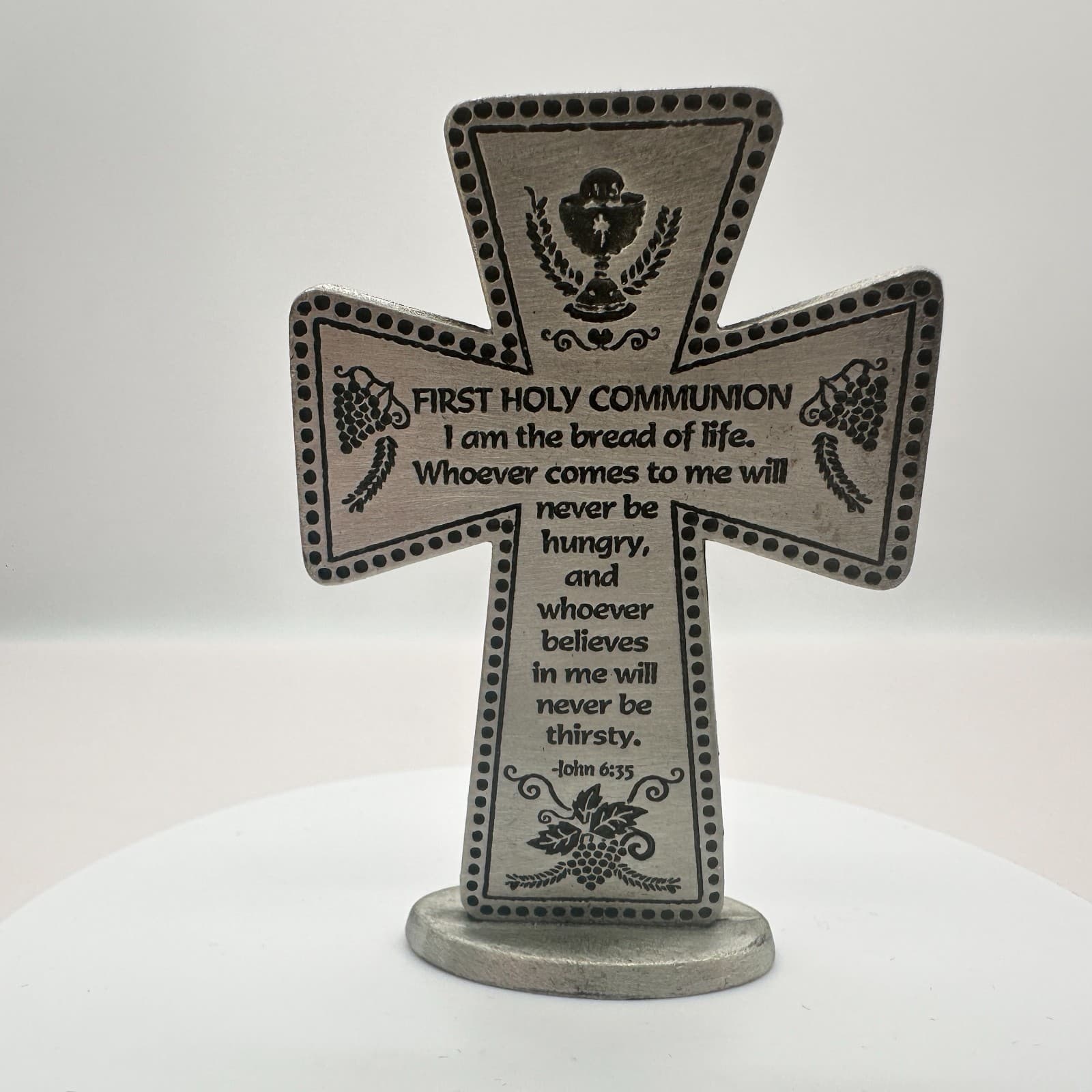 VTG 90s CAMCO Silver Tone First Holy Communion Standing Metal Cross John 6:35