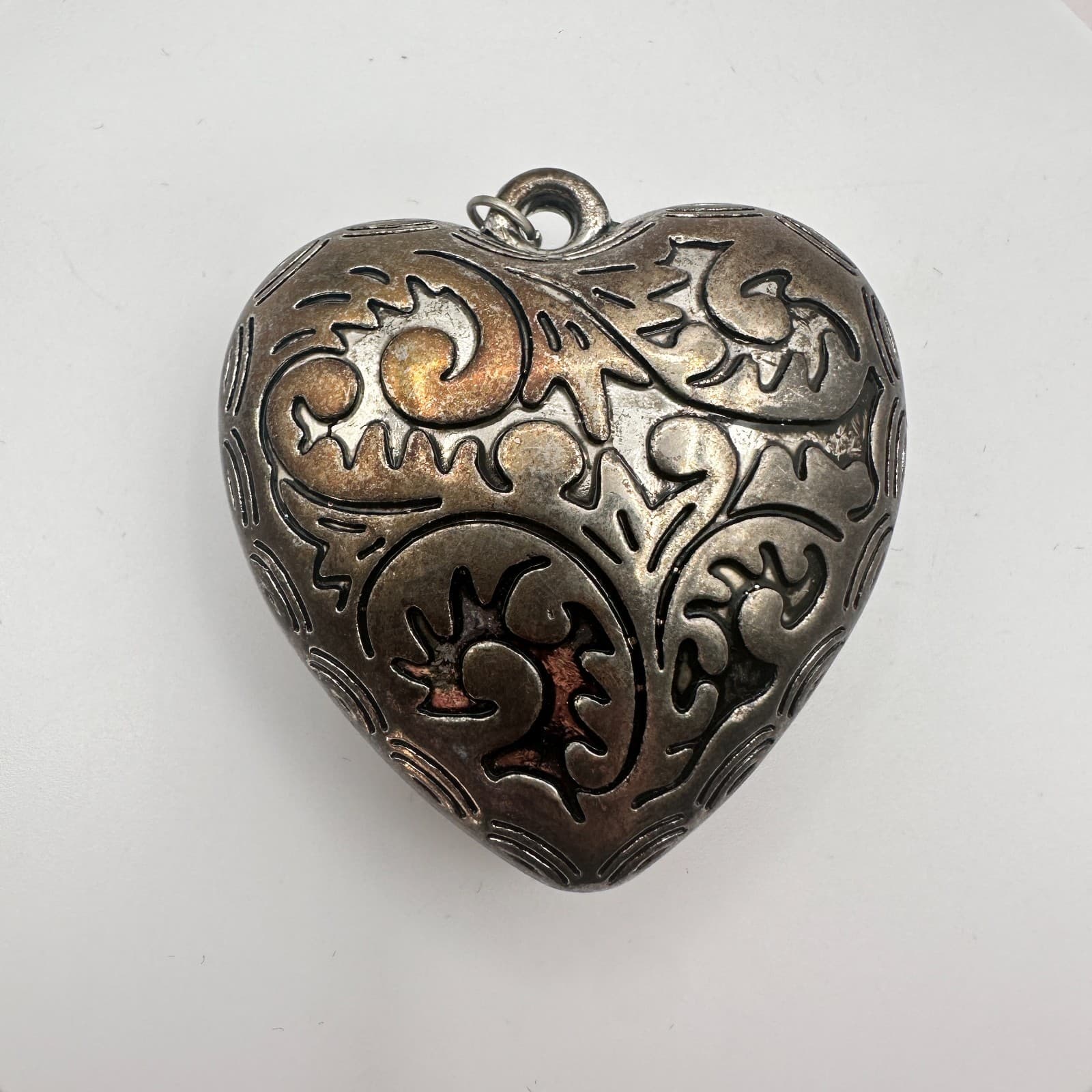 Vintage 80s Puffy Heart SilverTone Pendant Ornate Scroll Filigree Etched Jewelry