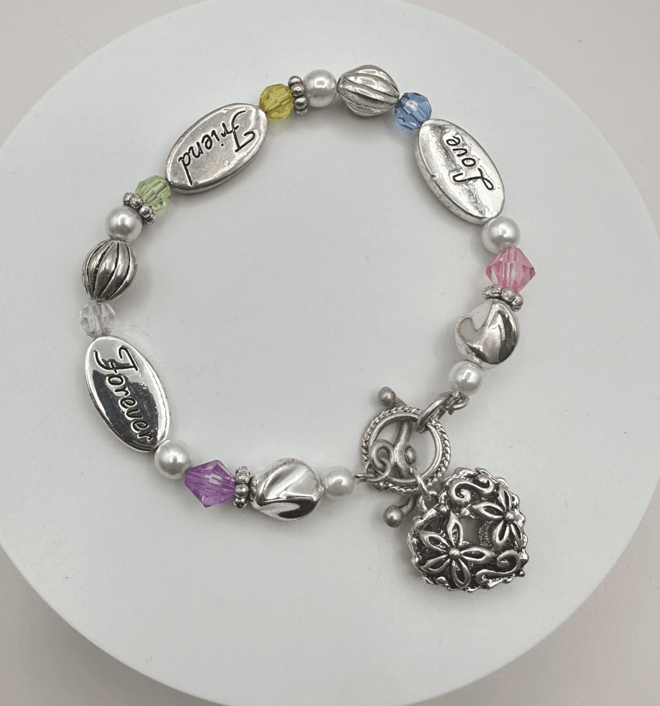 Vintage 90s Silver Tone Beaded Engraved Heart Charm Bracelet Women's Jewelry