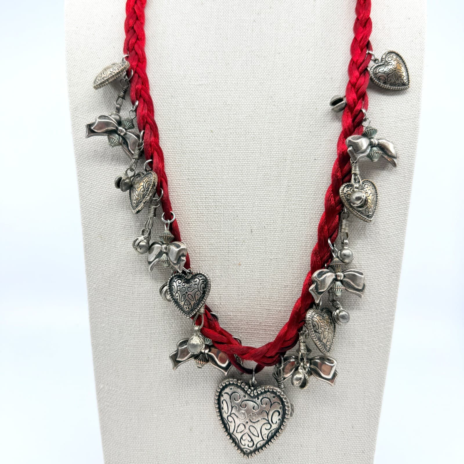 Vintage Red Cord Charm Necklace Silver Tone Heart Bow Pendants Statement Boho
