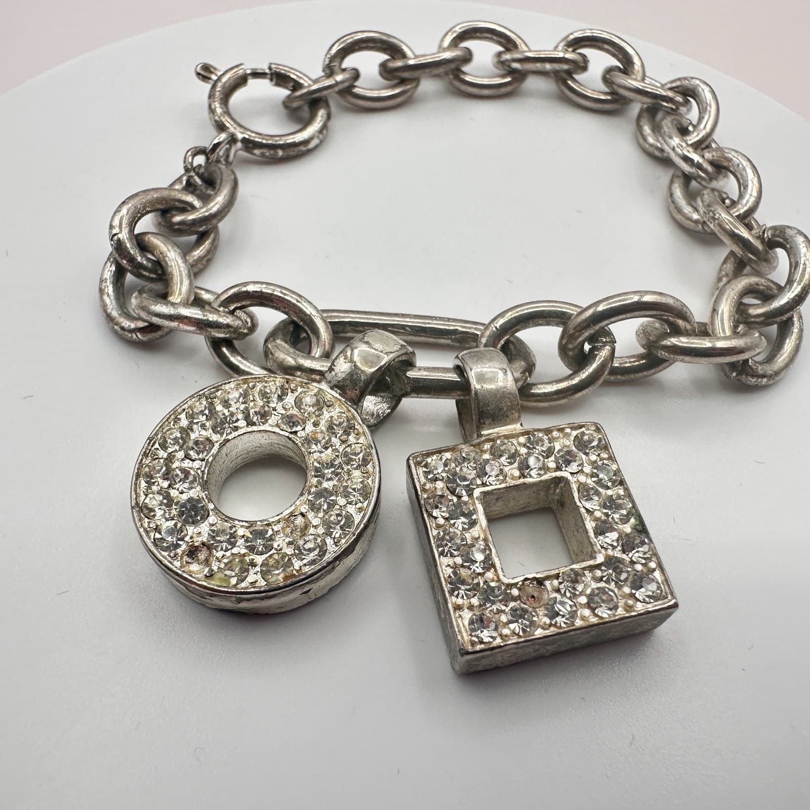 Vintage 90s SilverTone Geometric Charm Bracelet Clear Glass Boho Fashion Jewelry