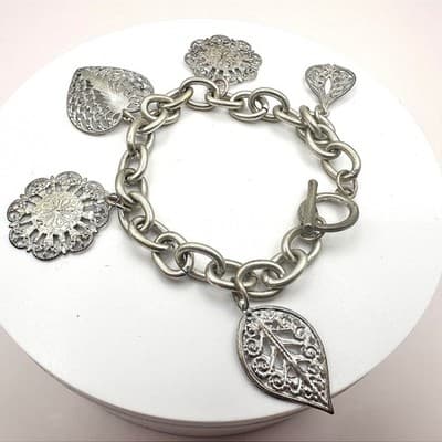 Vintage 90s Silver Tone Filigree Charm Bracelet Nature Leaf Floral Boho Jewelry