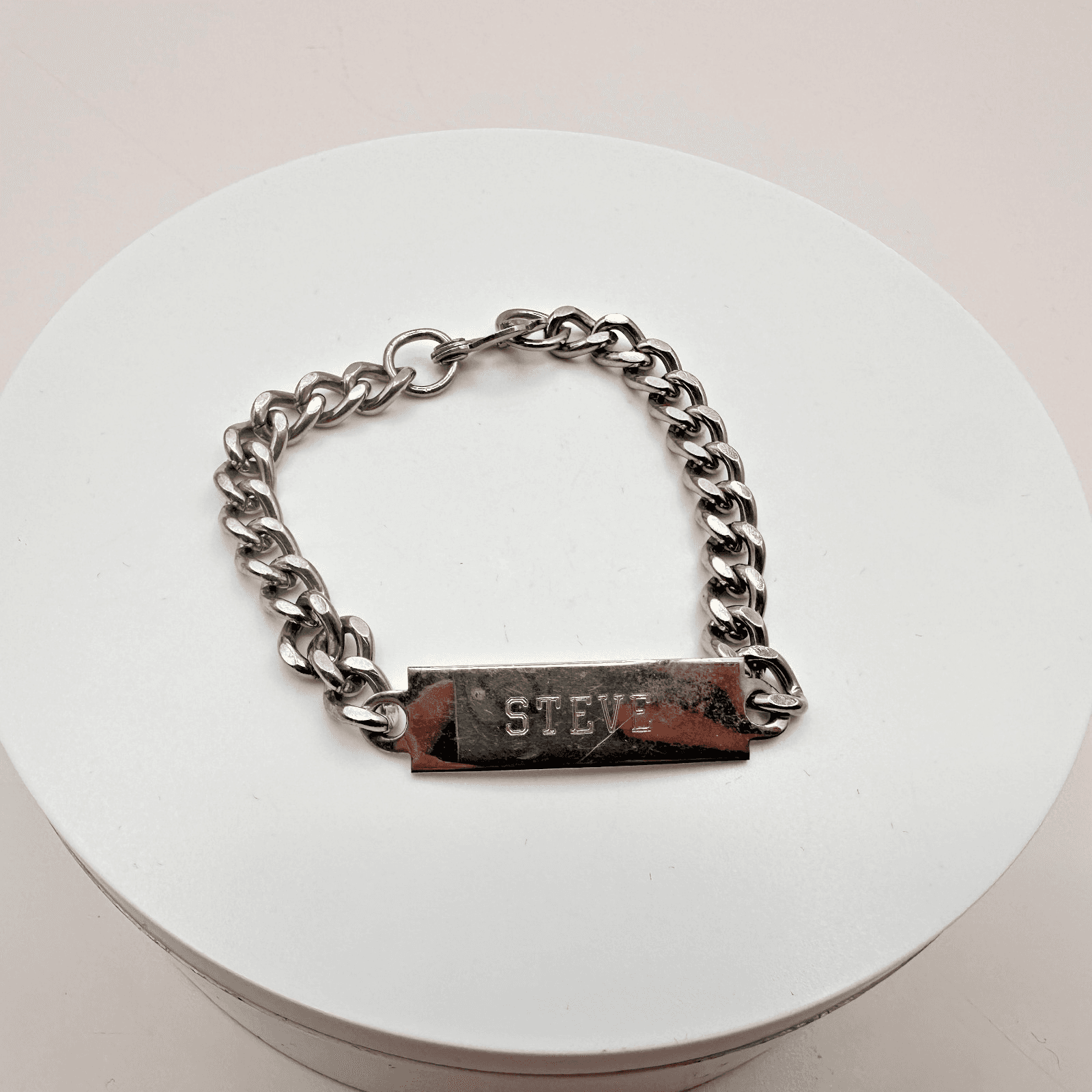 Vintage Y2K Curb Chain Steve Engraved ID Bracelet Silver Tone Jewelry
