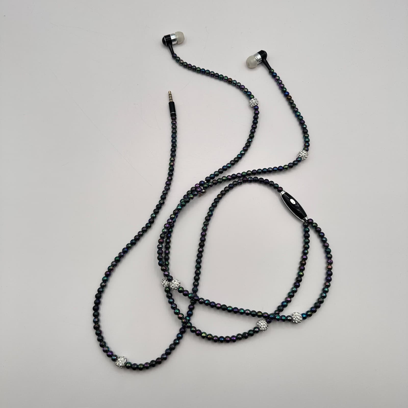 Vintage Y2K Black Iridescent Beaded Pearl Necklace Earphone 3.5mm In-Ear