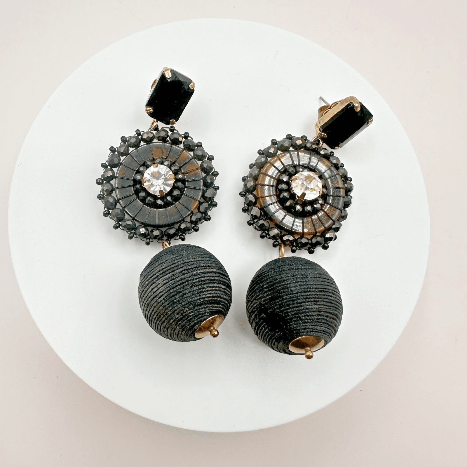 Vintage Y2K Rhinestone Black Cord Wrapped Ball Dangle Earrings Gold Tone Jewelry