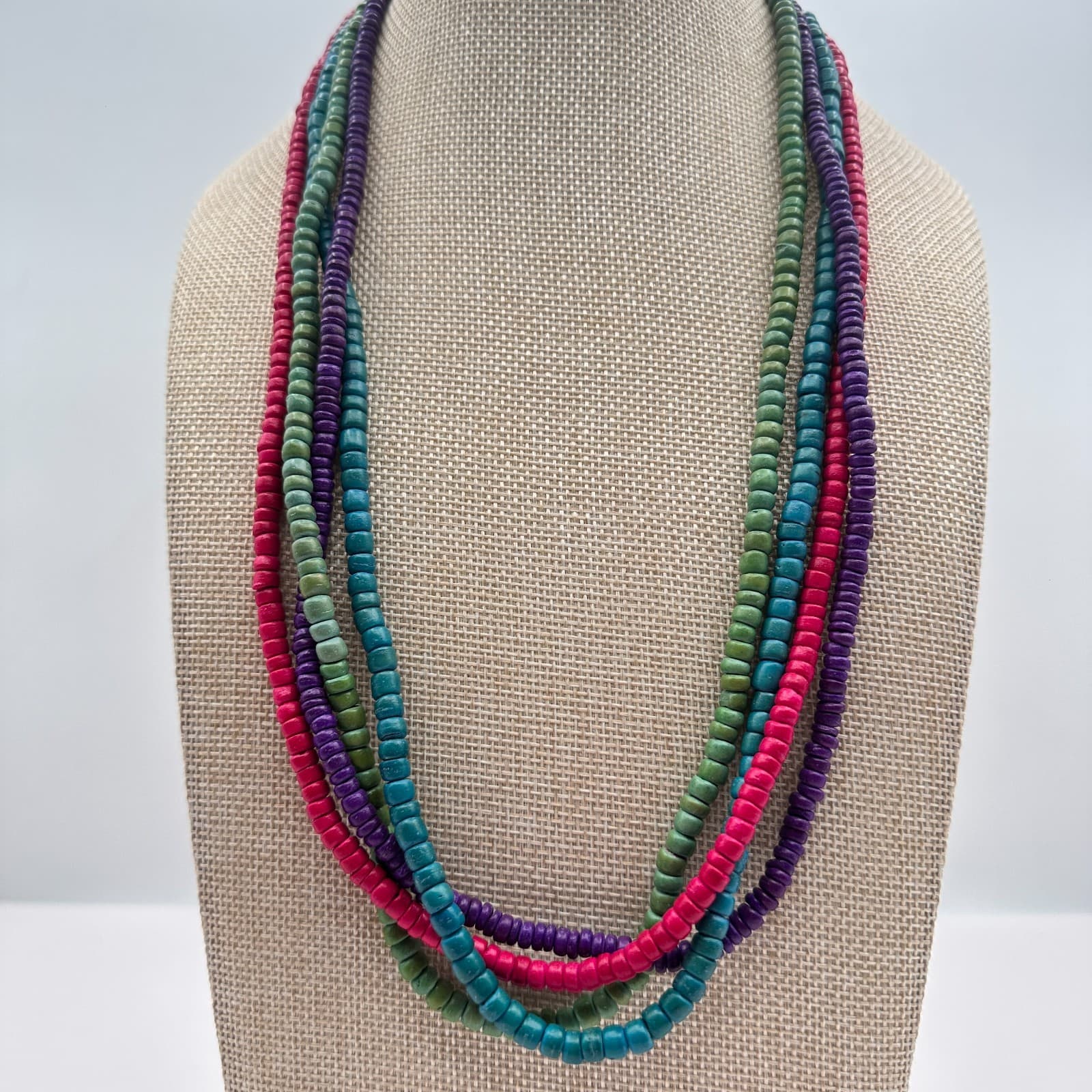 Vintage 60s Multi Strand Wooden Bead Statement Necklace Secure Hook Jewelry